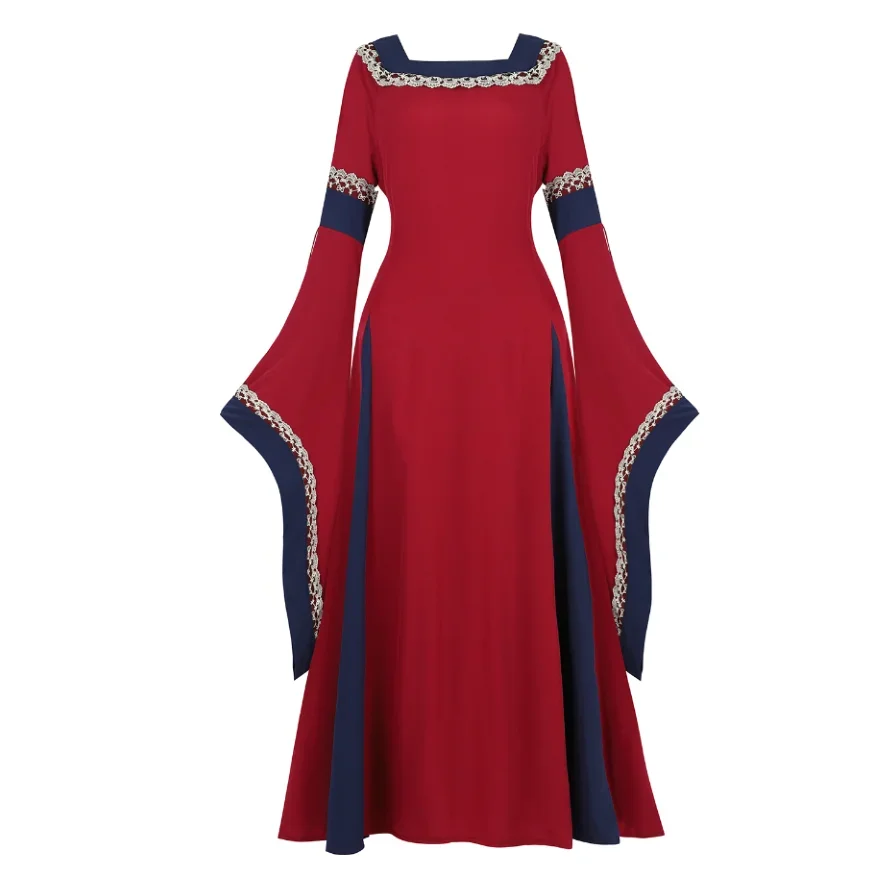 Women Medieval Renaissance Trumpet Sleeve Retro Loor Length Gown Lace Trim Irish Over Long Dress Halloween Costume Plus Size
