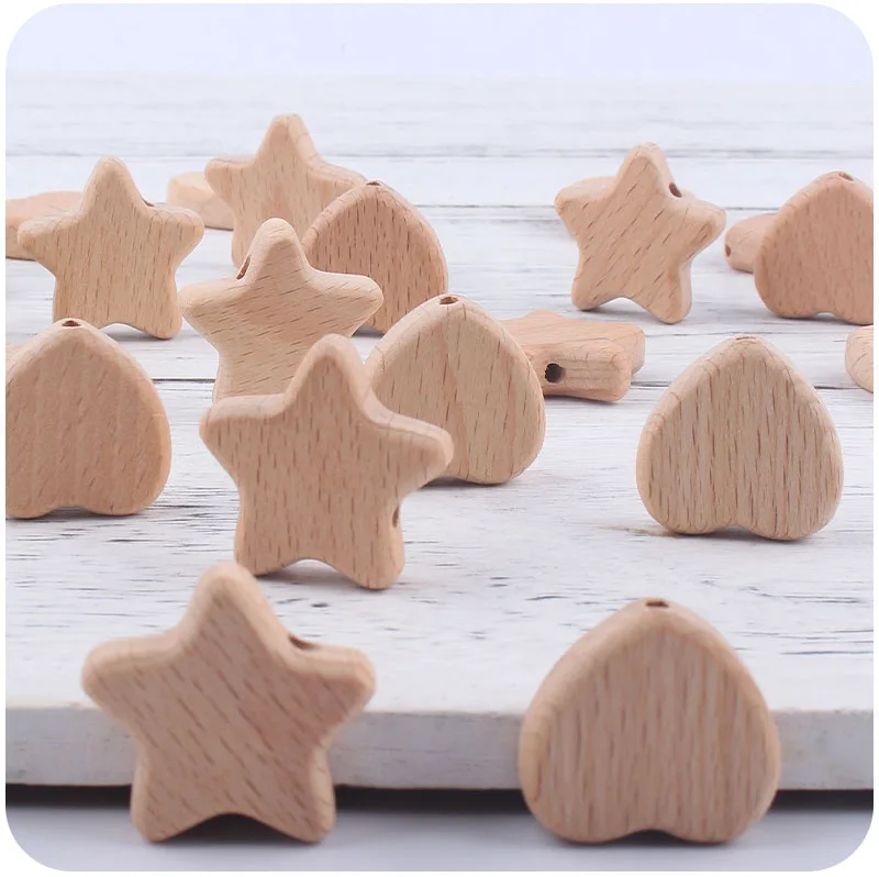5/10Pcs Beech Wooden Beads Heart Star Shape Loose Beads Baby Teether ChewableTeething Bead for Handmade Pacifier Chain