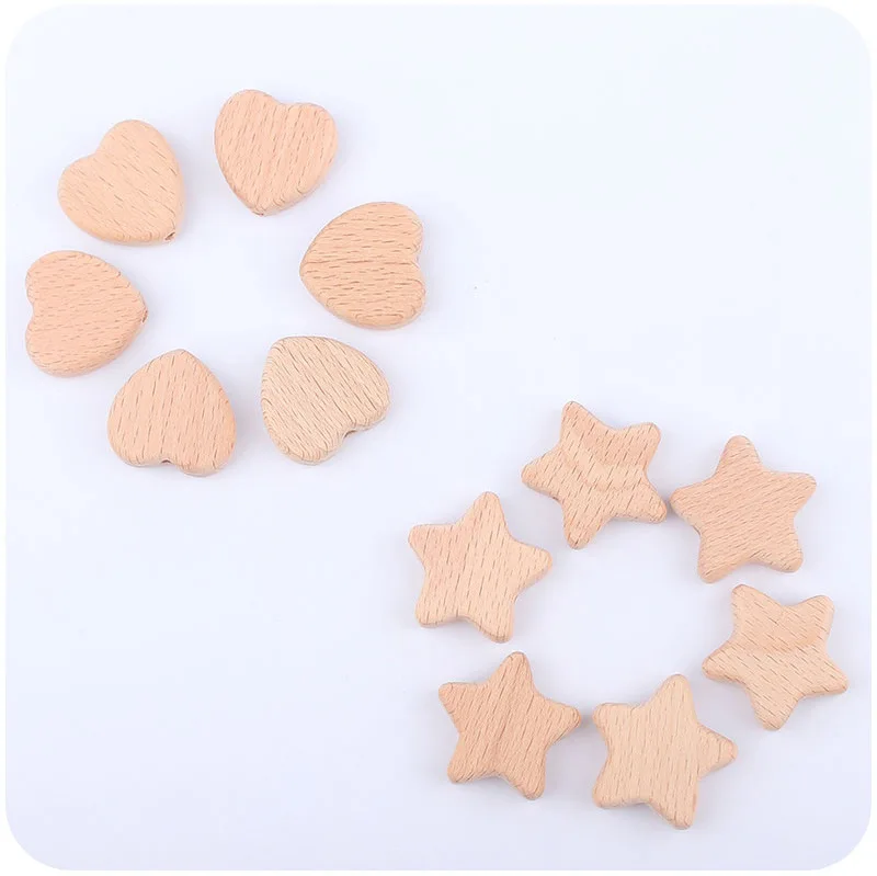 5/10Pcs Beech Wooden Beads Heart Star Shape Loose Beads Baby Teether ChewableTeething Bead for Handmade Pacifier Chain
