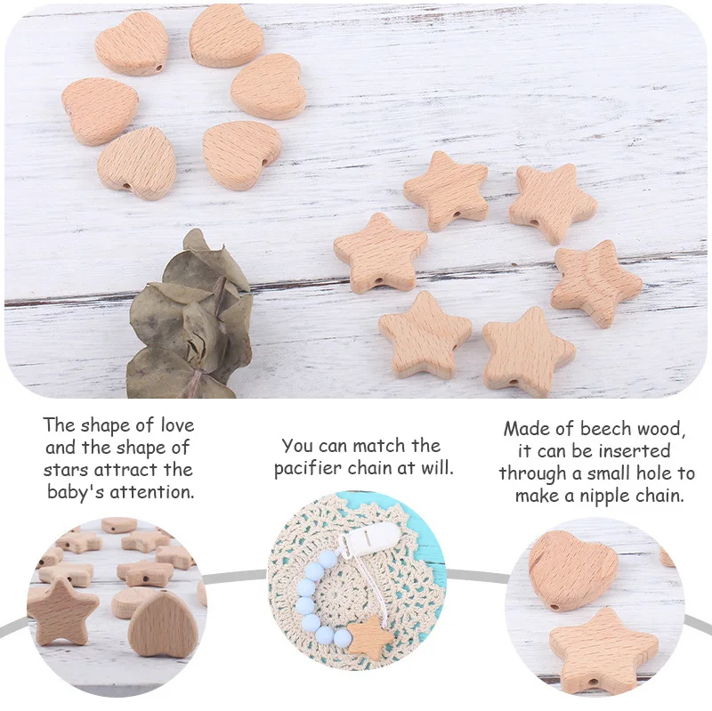 5/10Pcs Beech Wooden Beads Heart Star Shape Loose Beads Baby Teether ChewableTeething Bead for Handmade Pacifier Chain