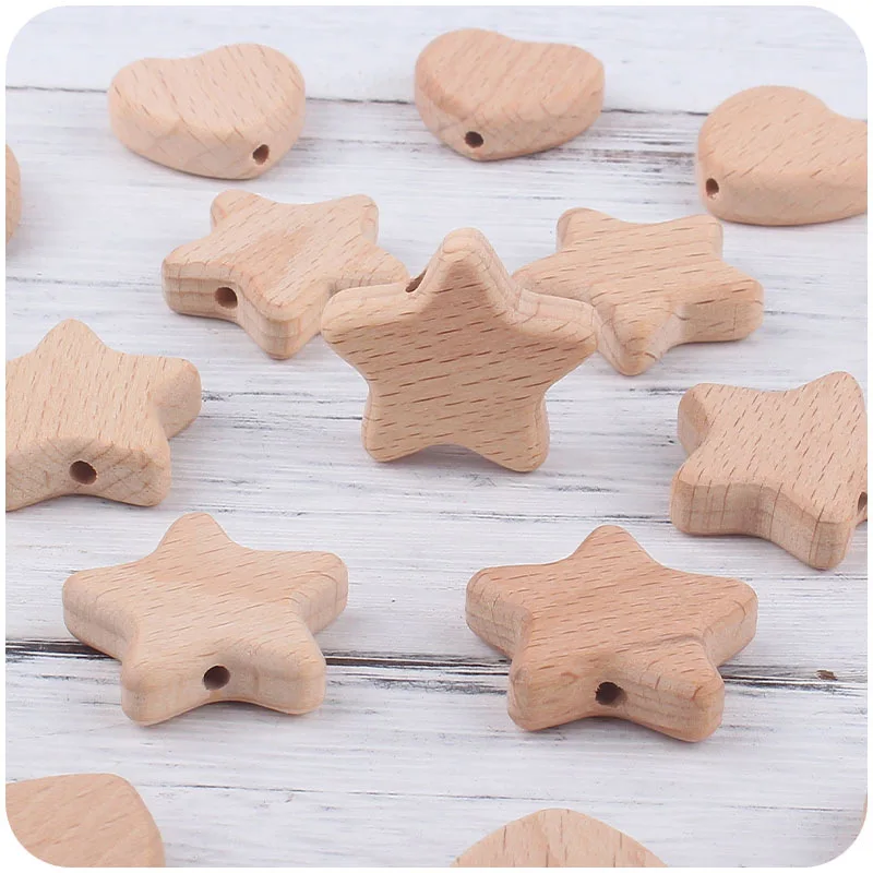 5/10Pcs Beech Wooden Beads Heart Star Shape Loose Beads Baby Teether ChewableTeething Bead for Handmade Pacifier Chain