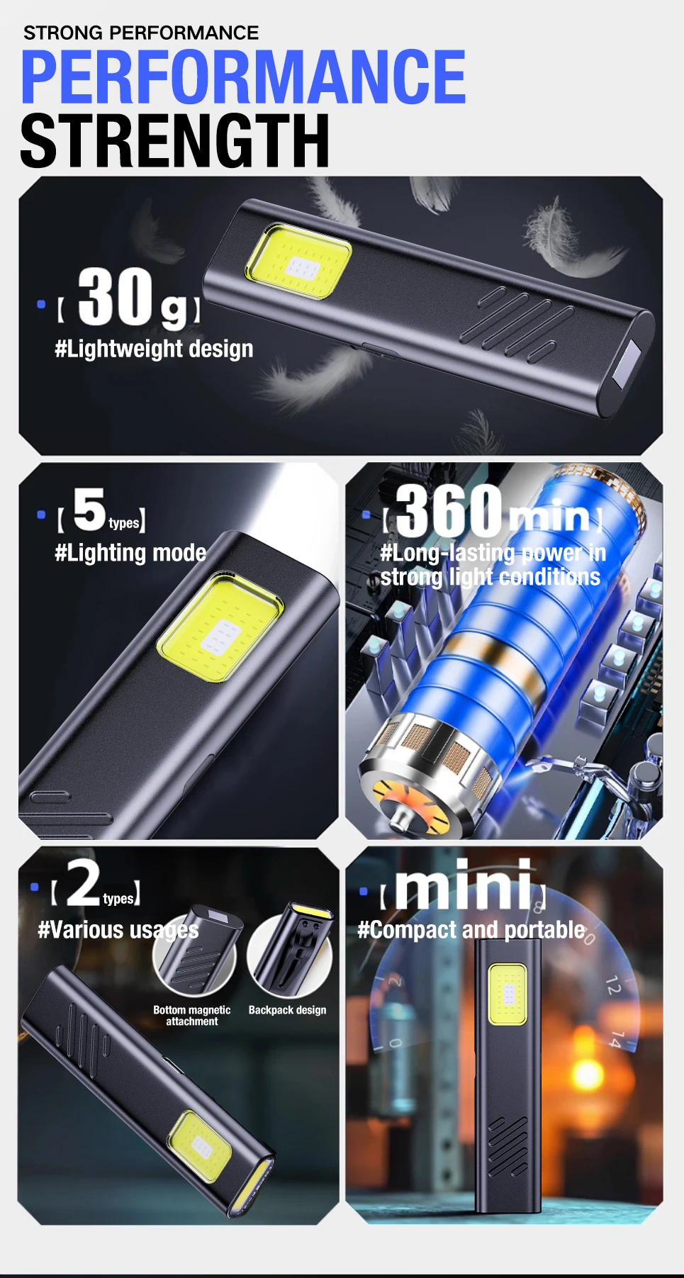 LED COB Flashlight Type C Rechargeable 600LM Portable Mini Torch Pocket Lantern Flood Work Light With Magnet For Emergency