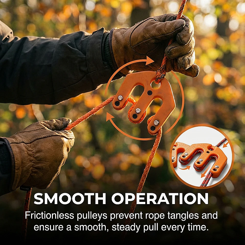 4:1 Mechanical Advantage Pulley Hoist System Heavy Duty Block and Tackle Bear Bag Game Hanger Rope Gear for Outdoor Hunting