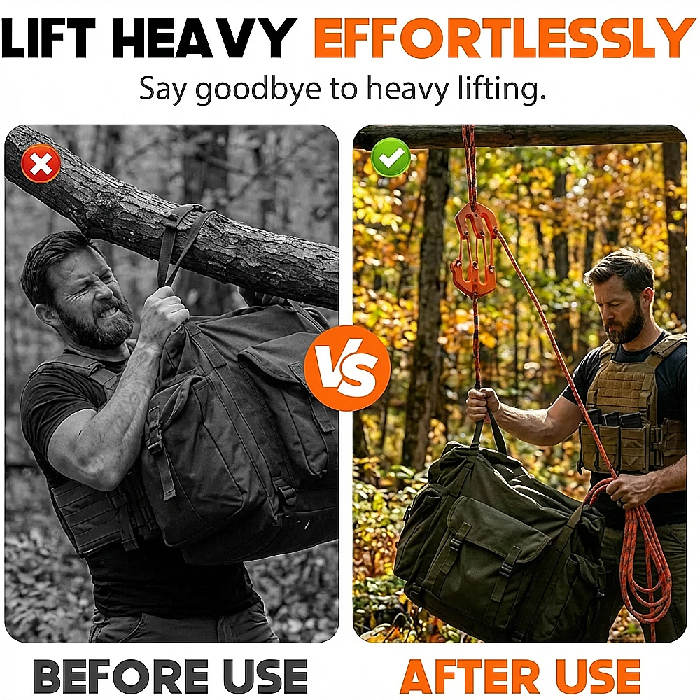 4:1 Mechanical Advantage Pulley Hoist System Heavy Duty Block and Tackle Bear Bag Game Hanger Rope Gear for Outdoor Hunting