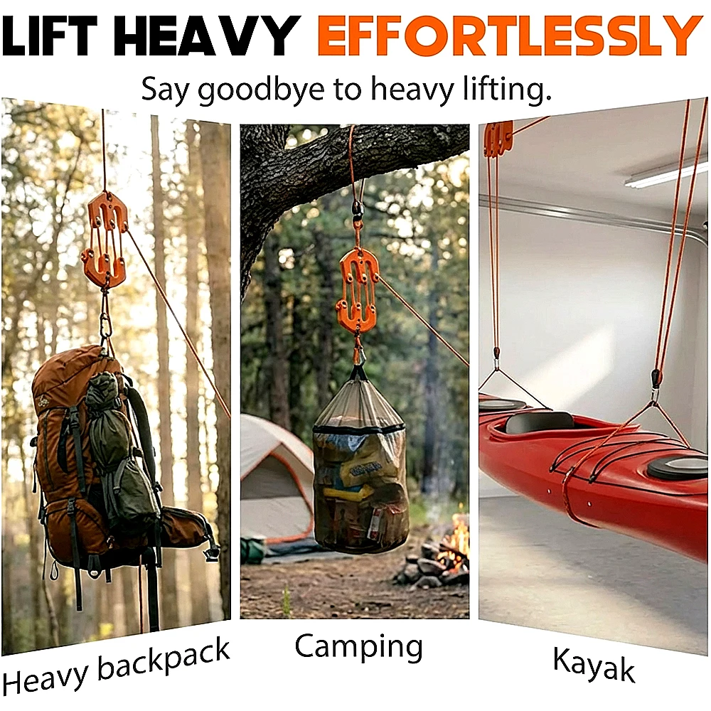 4:1 Mechanical Advantage Pulley Hoist System Heavy Duty Block and Tackle Bear Bag Game Hanger Rope Gear for Outdoor Hunting