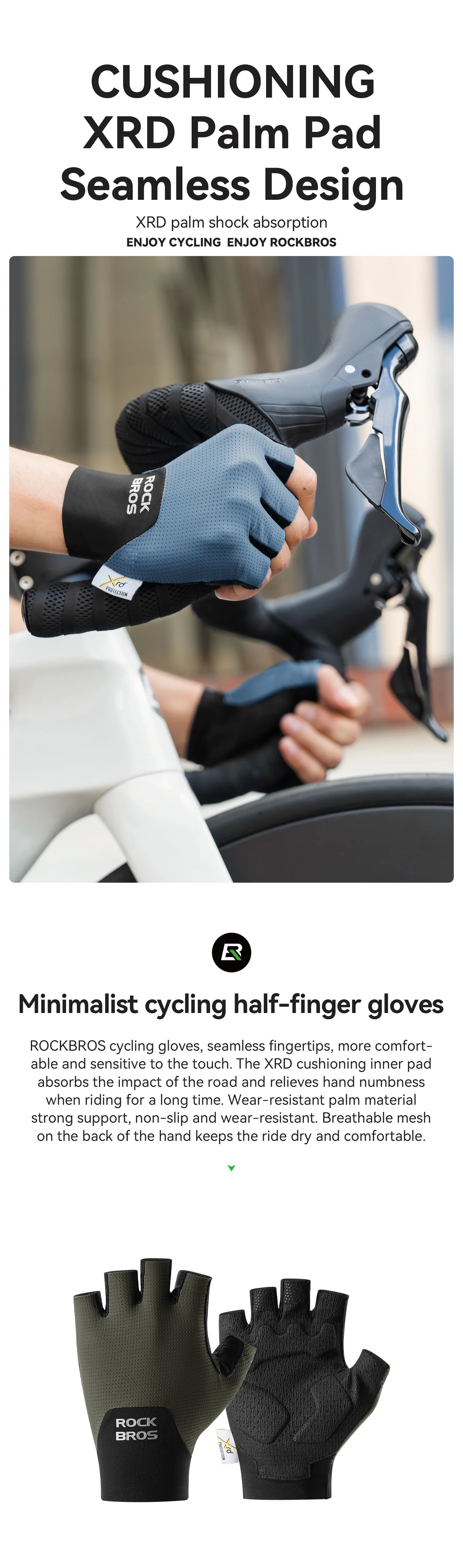 ROCKBROS Cycling Gloves Shock Absorption Bike Gloves Half Finger Seamless Breathable Bicycle Gloves With XRD Palm Pad Gloves