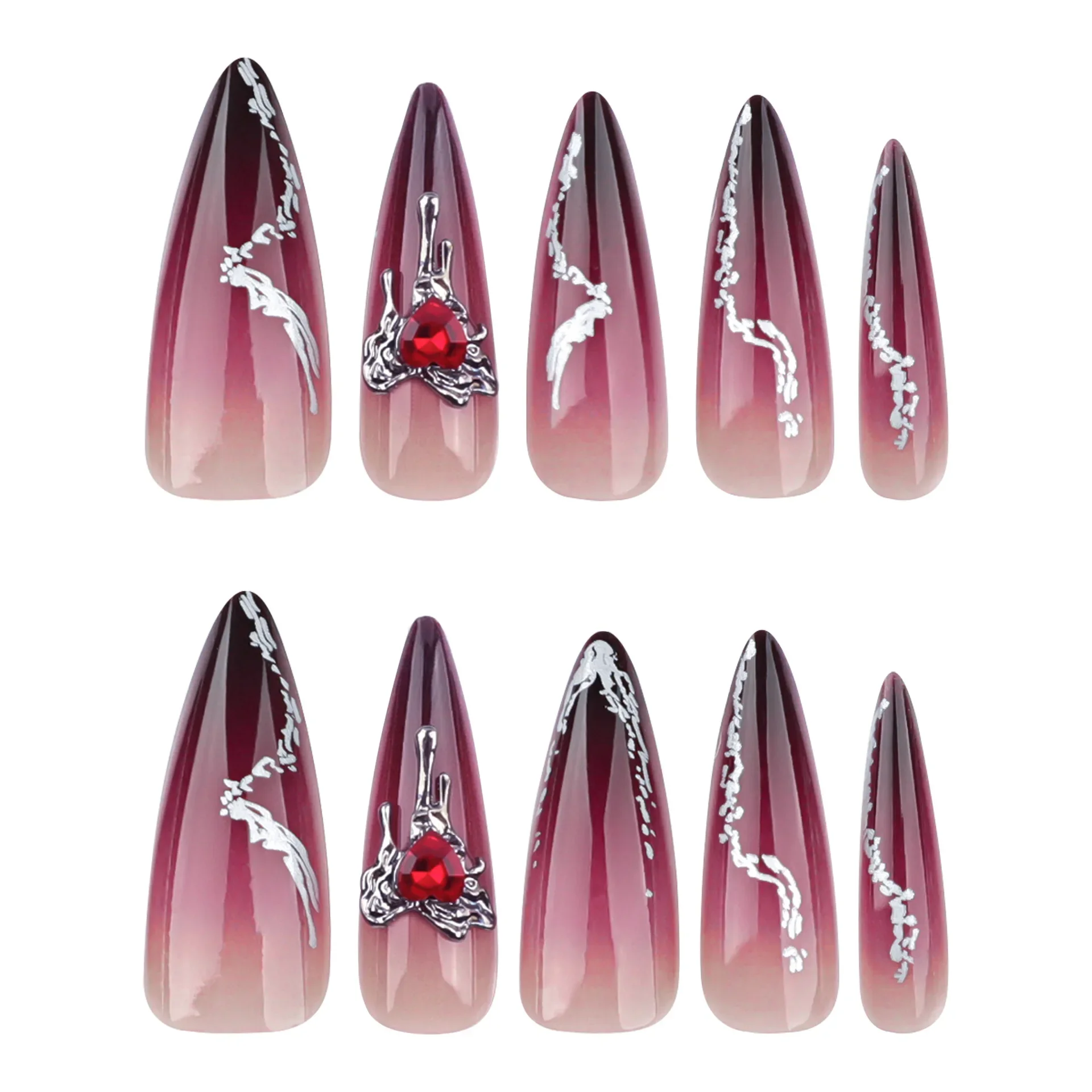 24Pc False Nails with Glue Almond Black Red Gradient Design Detachable Rhinestone Acrylic Fake Nail Long Stiletto Press on Nails