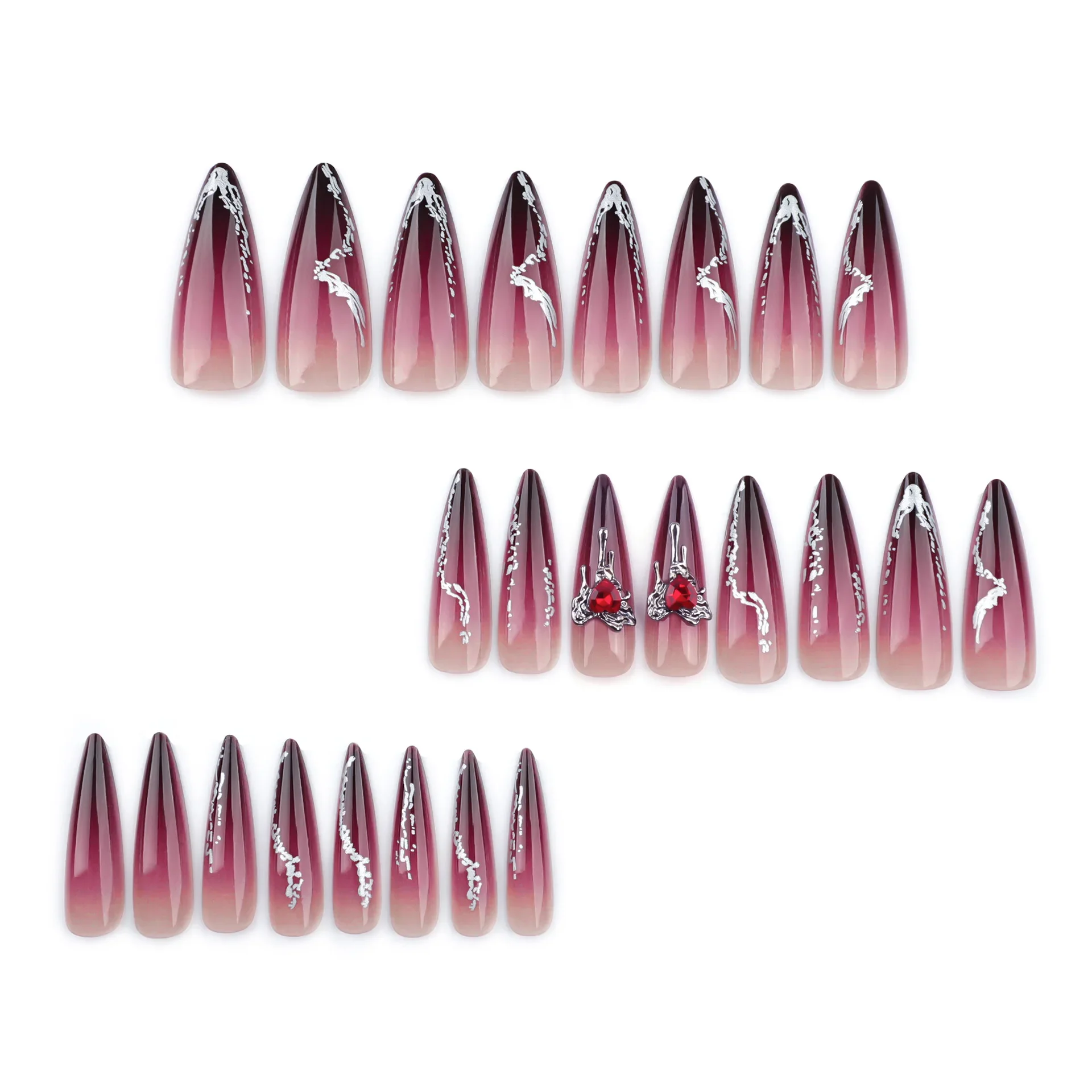 24Pc False Nails with Glue Almond Black Red Gradient Design Detachable Rhinestone Acrylic Fake Nail Long Stiletto Press on Nails