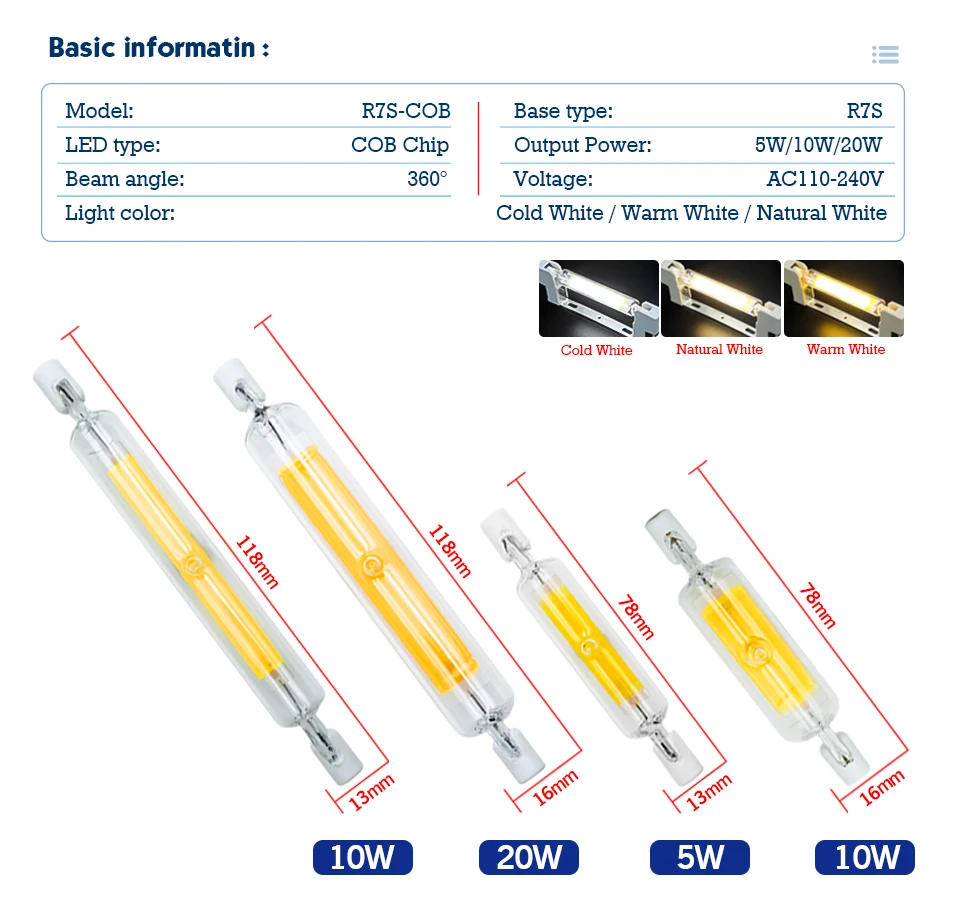LED R7s COB Glass Tube 5W 10W 20W Lampada Led Lamp 78mm 118mm J78 J118 Corn Light Bulb AC 220V 110V Home Replace Halogen Lamp