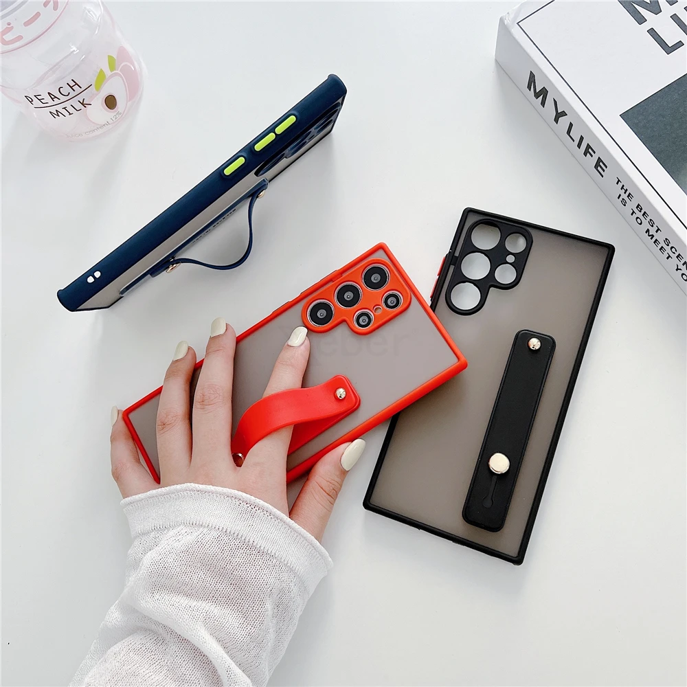 Wrist Strap Stand Clear Matte Case For Samsung S25 S24 S23 S22 Ultra S21 Plus S20 FE Note 20 10 Pro S9 S10 A72 A52 Holder Cover