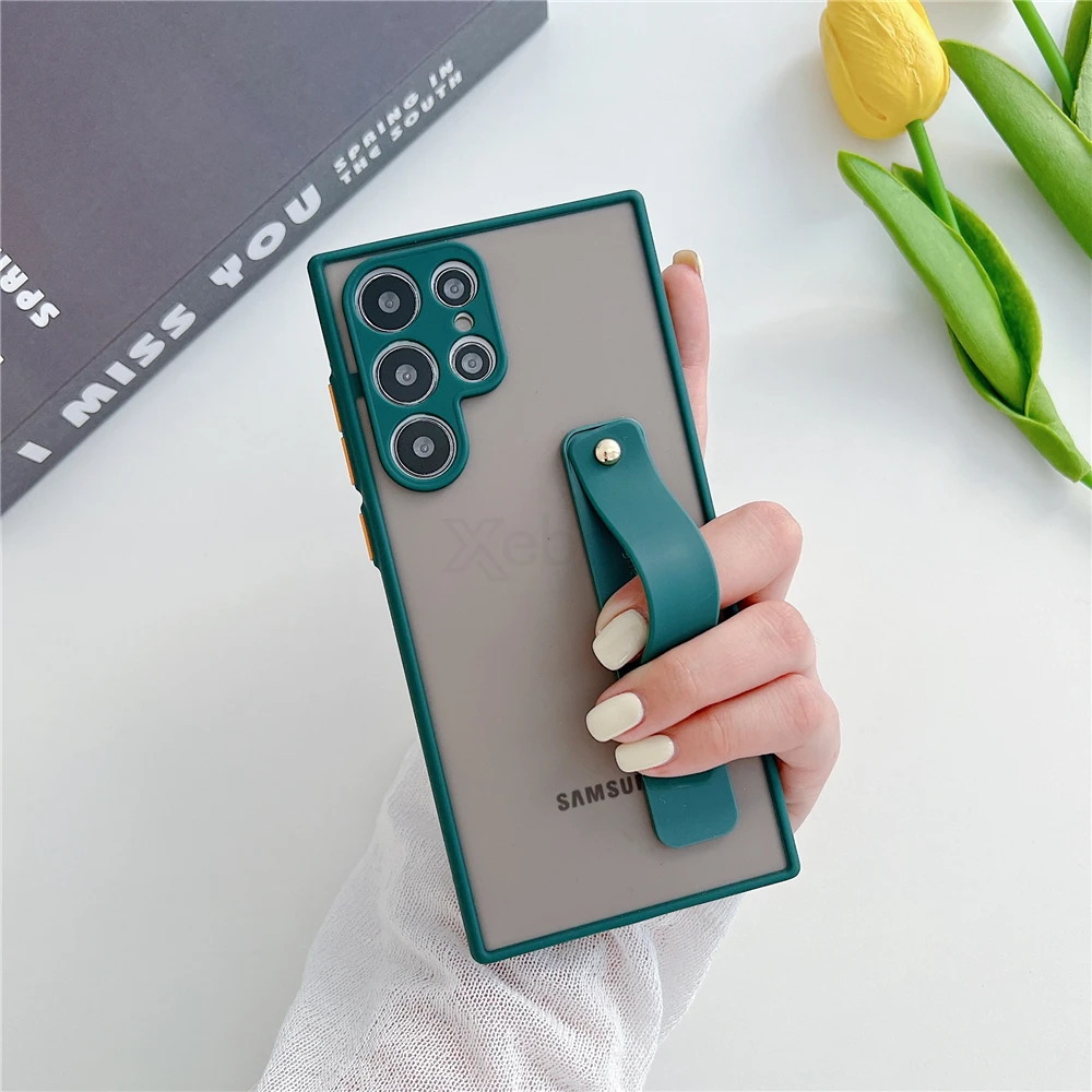 Wrist Strap Stand Clear Matte Case For Samsung S25 S24 S23 S22 Ultra S21 Plus S20 FE Note 20 10 Pro S9 S10 A72 A52 Holder Cover
