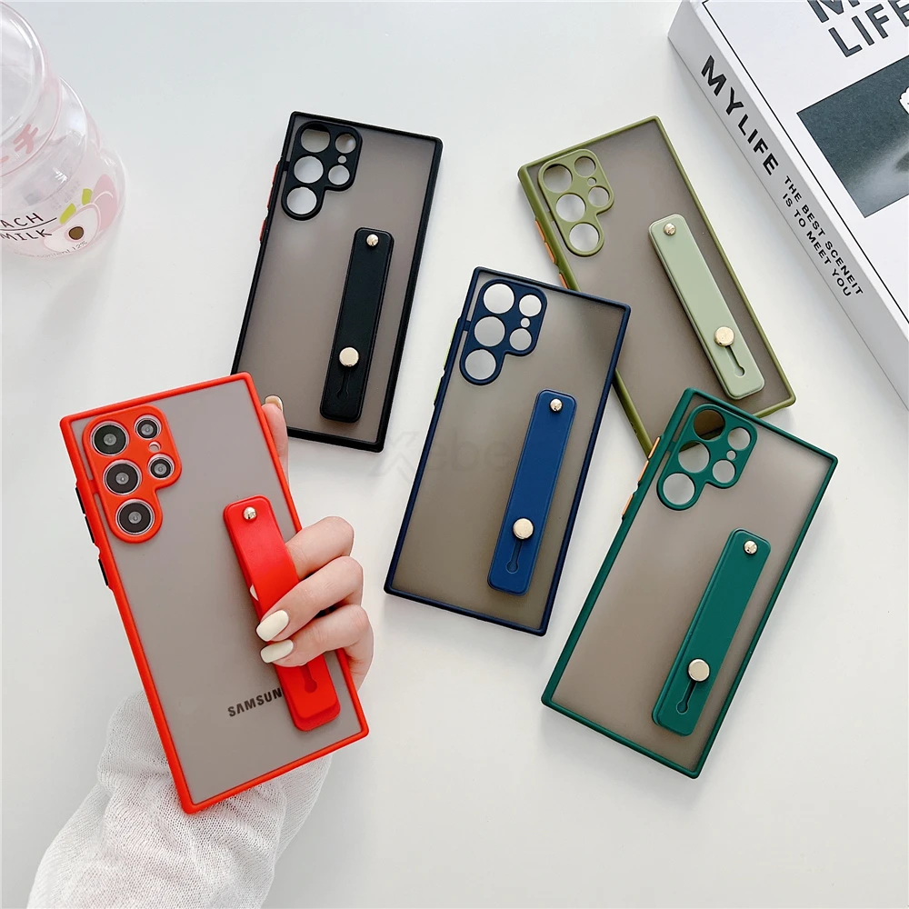 Wrist Strap Stand Clear Matte Case For Samsung S25 S24 S23 S22 Ultra S21 Plus S20 FE Note 20 10 Pro S9 S10 A72 A52 Holder Cover