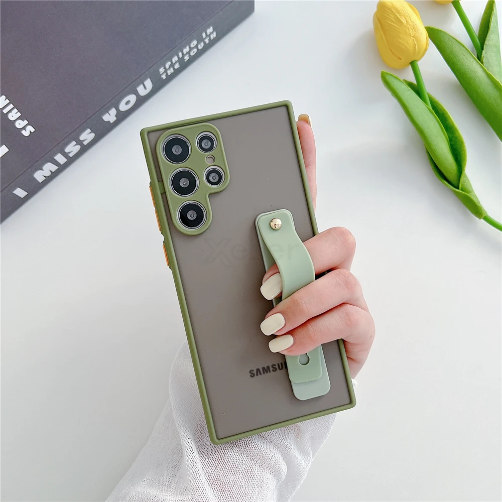 Wrist Strap Stand Clear Matte Case For Samsung S25 S24 S23 S22 Ultra S21 Plus S20 FE Note 20 10 Pro S9 S10 A72 A52 Holder Cover