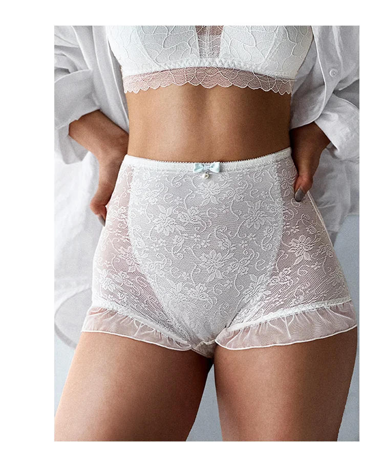 SP&CITY High Waist Flower Embroidery Sexy Lace Women's Underwear Transparent Shorts Mesh Hollowed Panties Ruffle Seamless Briefs