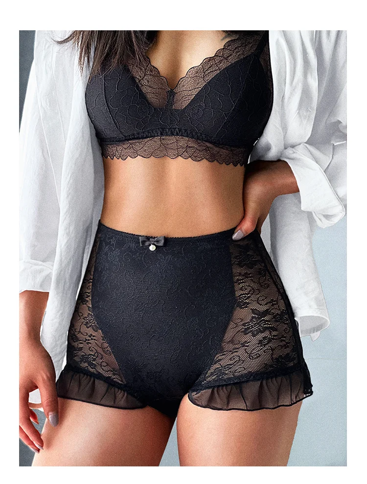 SP&CITY High Waist Flower Embroidery Sexy Lace Women's Underwear Transparent Shorts Mesh Hollowed Panties Ruffle Seamless Briefs
