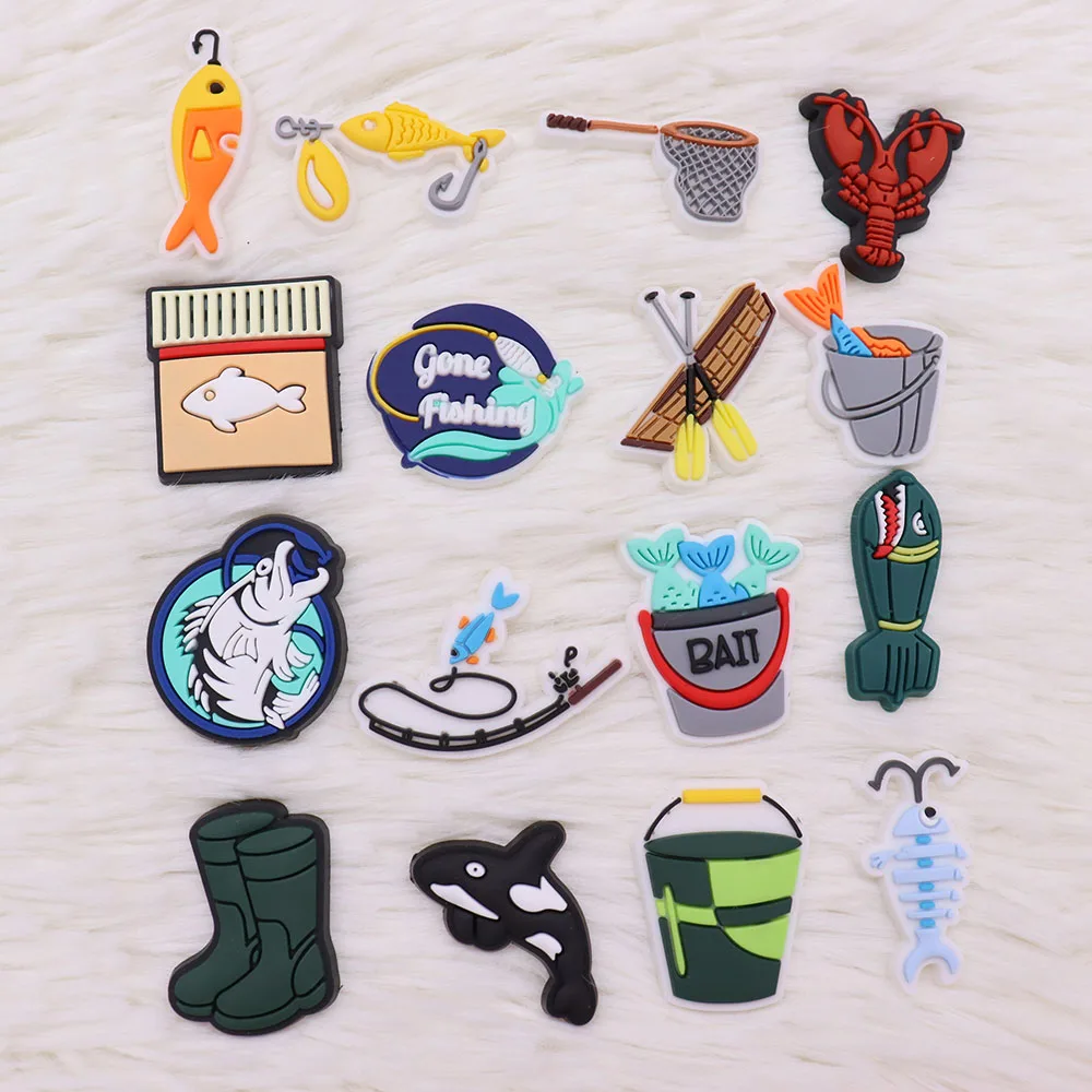 1Pcs Shoe Charms Fish Whale Lobster Bucket Fishing Rod PVC Accessories Sandals Shoes Buckle Decoration For Kids Birthday Gift