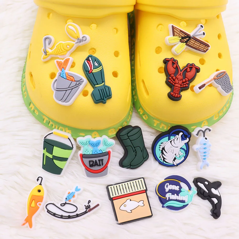 1Pcs Shoe Charms Fish Whale Lobster Bucket Fishing Rod PVC Accessories Sandals Shoes Buckle Decoration For Kids Birthday Gift