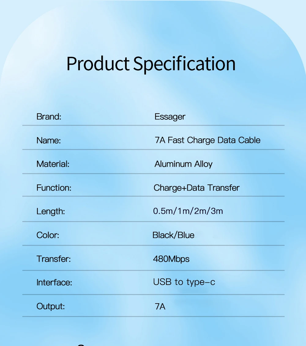 Essager 7A USB C Cable 100W USB Type C Cable Fast Charging Cable Type C For Huawei P40 Pro Honor 70 Pro Fast Charging Data Cord