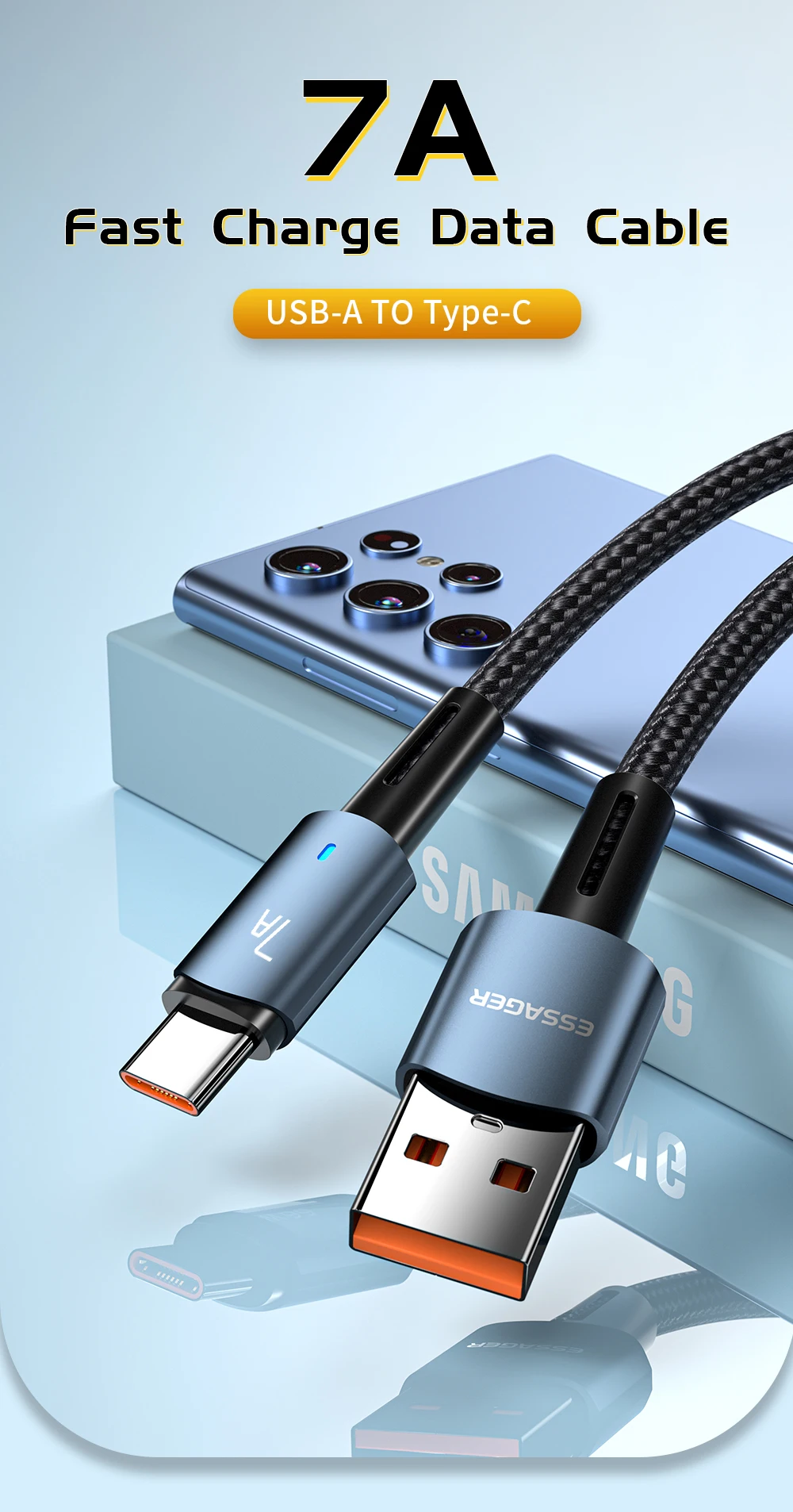 Essager 7A USB C Cable 100W USB Type C Cable Fast Charging Cable Type C For Huawei P40 Pro Honor 70 Pro Fast Charging Data Cord