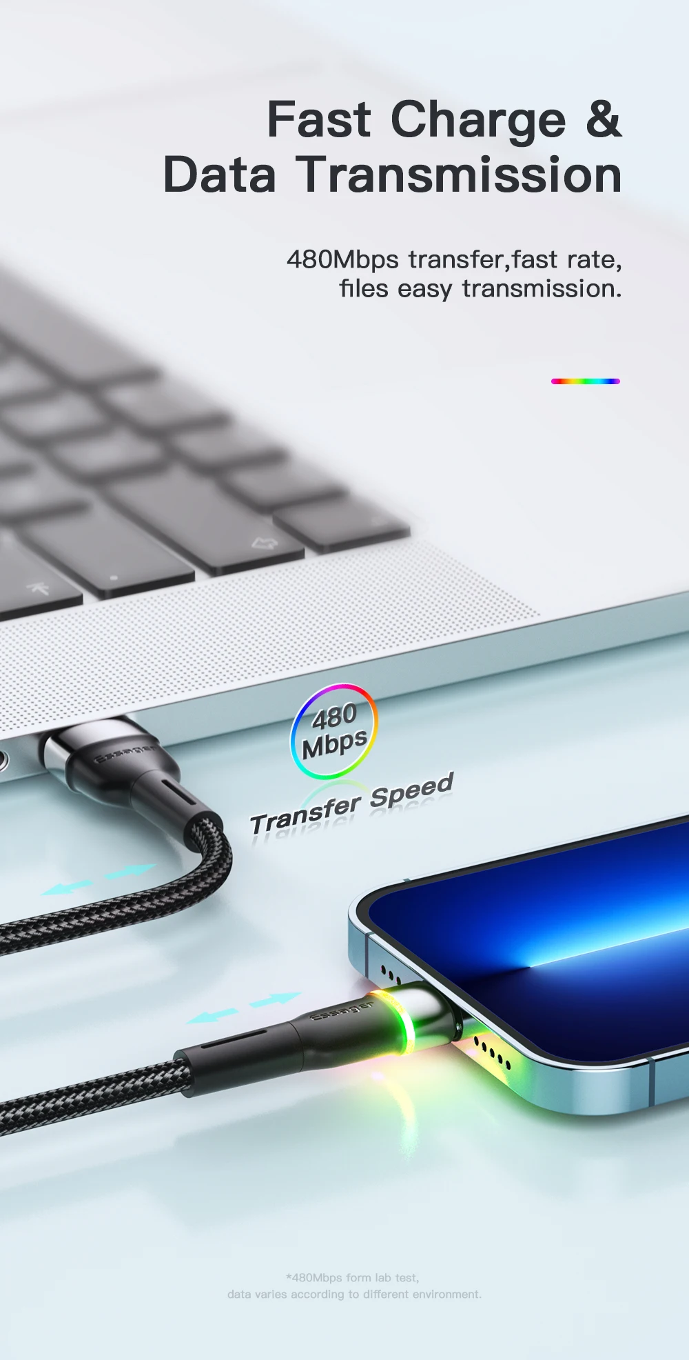 Essager USB Cable For iPhone 14 13 12 11 Pro Xs Max X Xr LED Lightning Fast Charging Phone Data Cable For iPad Data Cord Wire