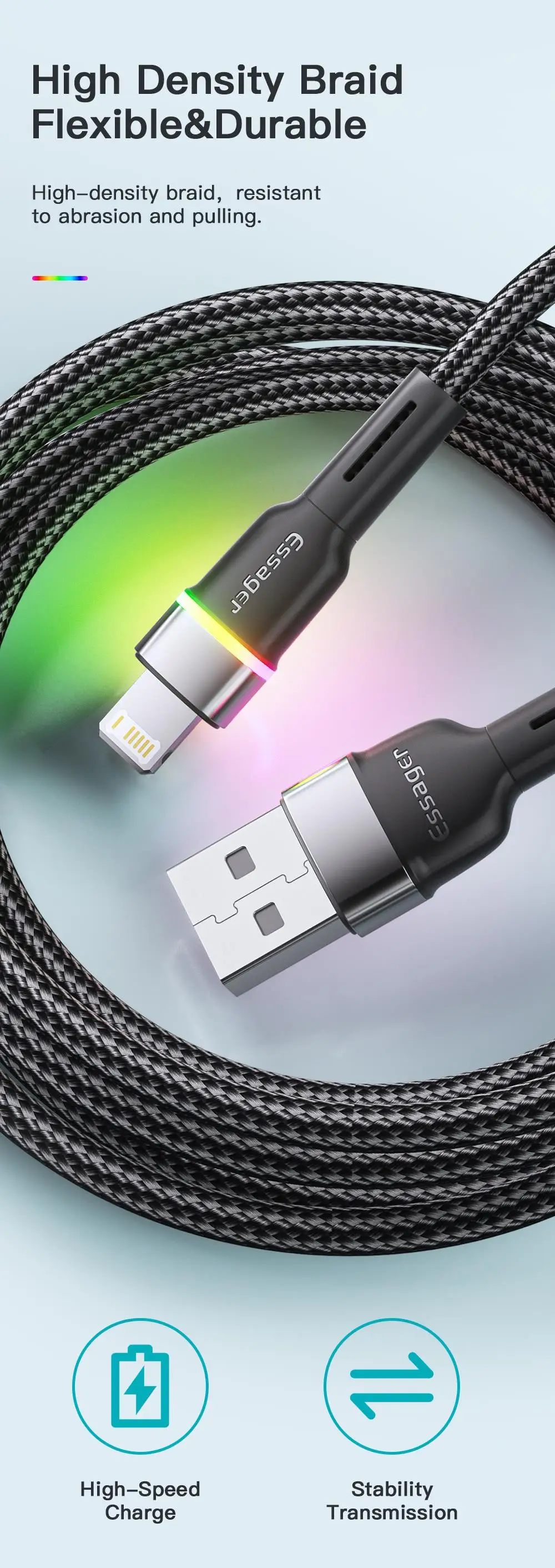 Essager USB Cable For iPhone 14 13 12 11 Pro Xs Max X Xr LED Lightning Fast Charging Phone Data Cable For iPad Data Cord Wire