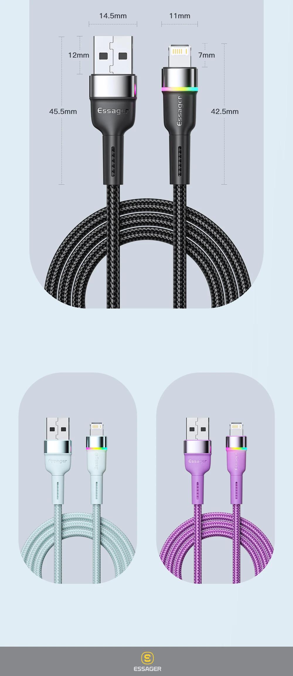 Essager USB Cable For iPhone 14 13 12 11 Pro Xs Max X Xr LED Lightning Fast Charging Phone Data Cable For iPad Data Cord Wire