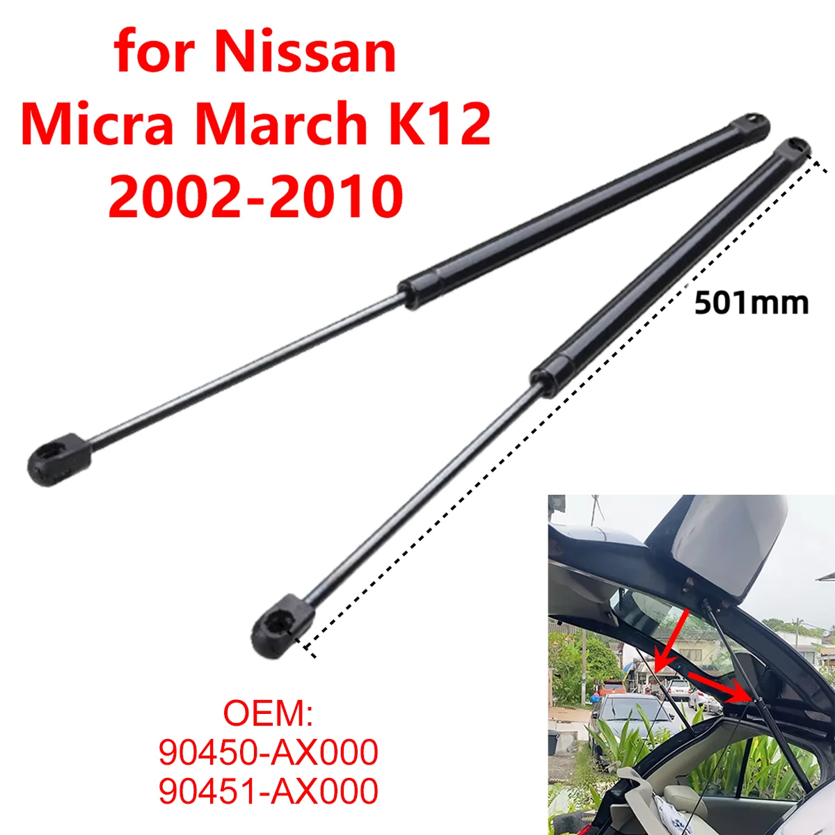 2Pcs 90450AX000 Car Rear Trunk Boot Tailgate Gas Struts Lift Support Rods for Nissan Micra March K12 2002-2010 90450AX610