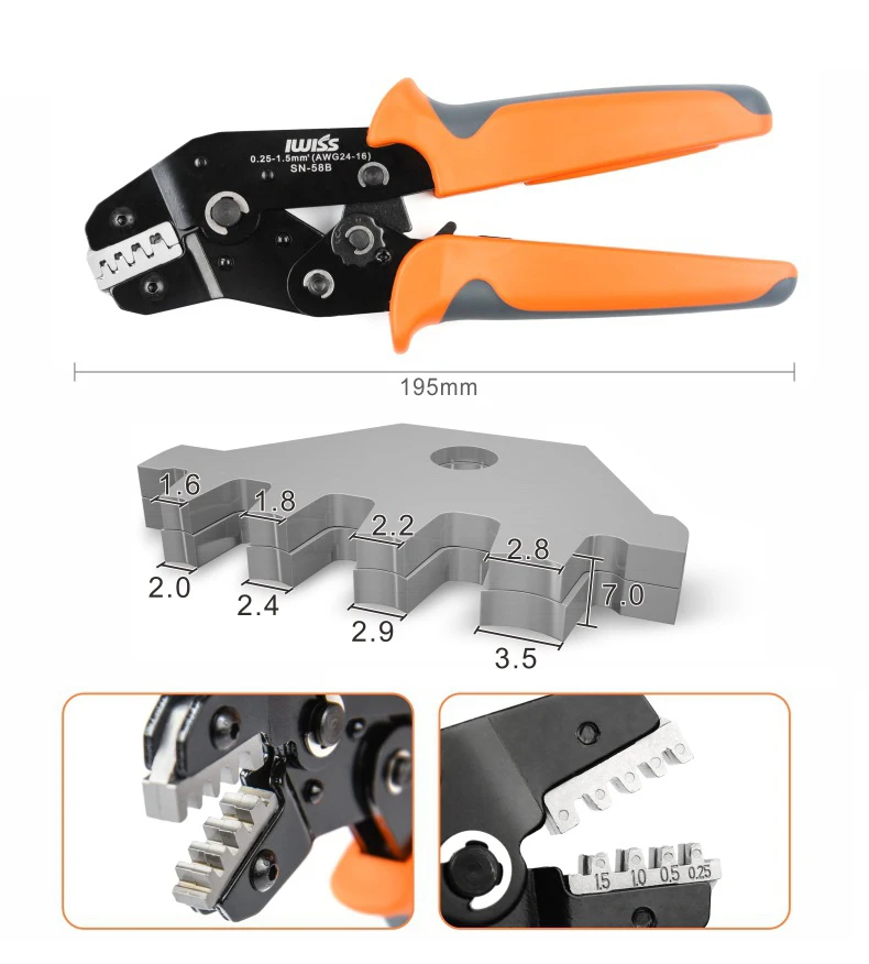 IWISS SN-58B=28B+48B Wire Crimping Pliers 0.25-1.5mm² For Box TAB 2.8/4.8/6.3 SM2.5 XH2.54 Terminals Kit Electrical Hand Tools