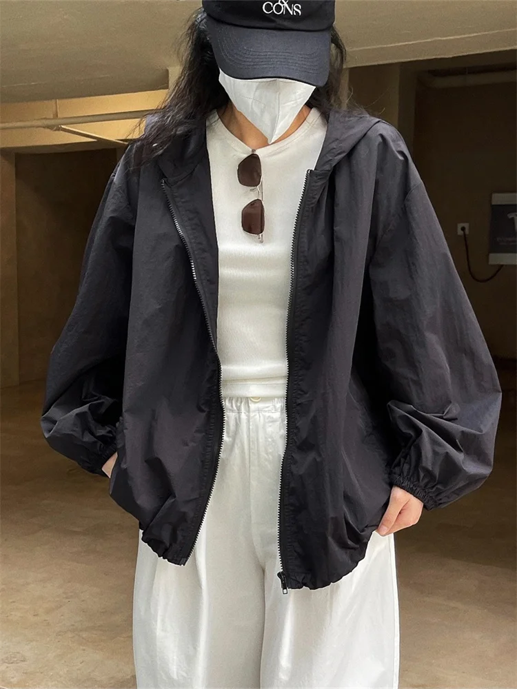 HanOrange Quick-Dry Hooded Zipper Windbreaker Women 2026 Loose Thin Light Transparent Sunscreen Jacket Outdoor Commuting