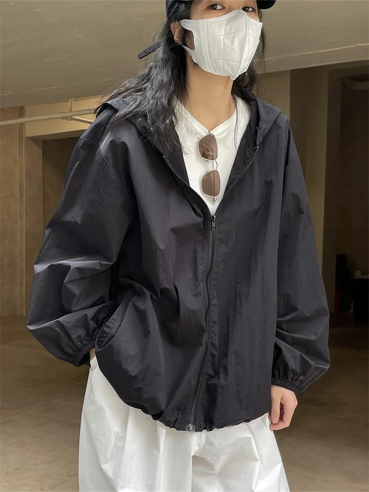 HanOrange Quick-Dry Hooded Zipper Windbreaker Women 2026 Loose Thin Light Transparent Sunscreen Jacket Outdoor Commuting