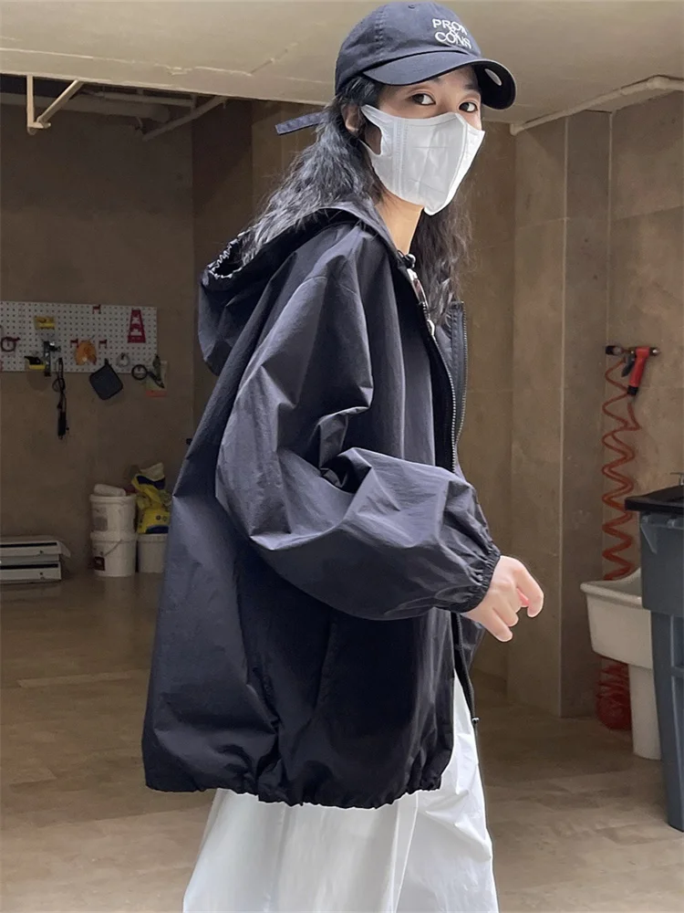 HanOrange Quick-Dry Hooded Zipper Windbreaker Women 2026 Loose Thin Light Transparent Sunscreen Jacket Outdoor Commuting