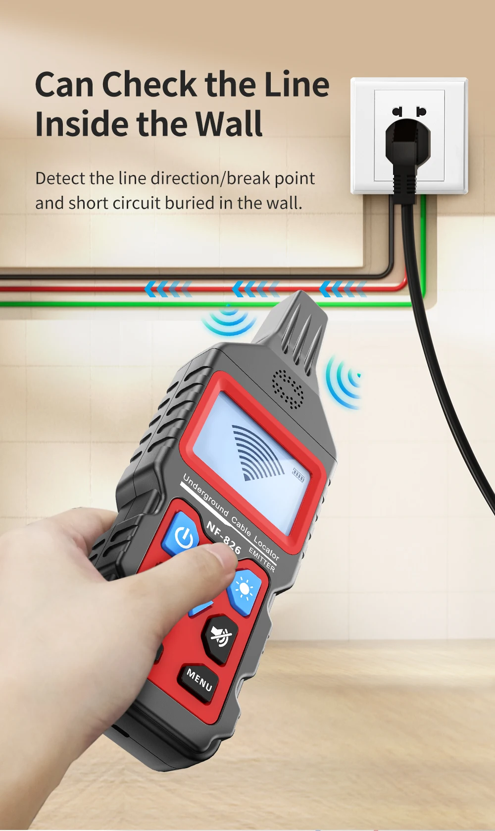 NOYAFA NF-826 Underground Cable Tester Wire Tracker LCD Display Cable Locator Detect Wall Electrical Lines Locator Cable Finder