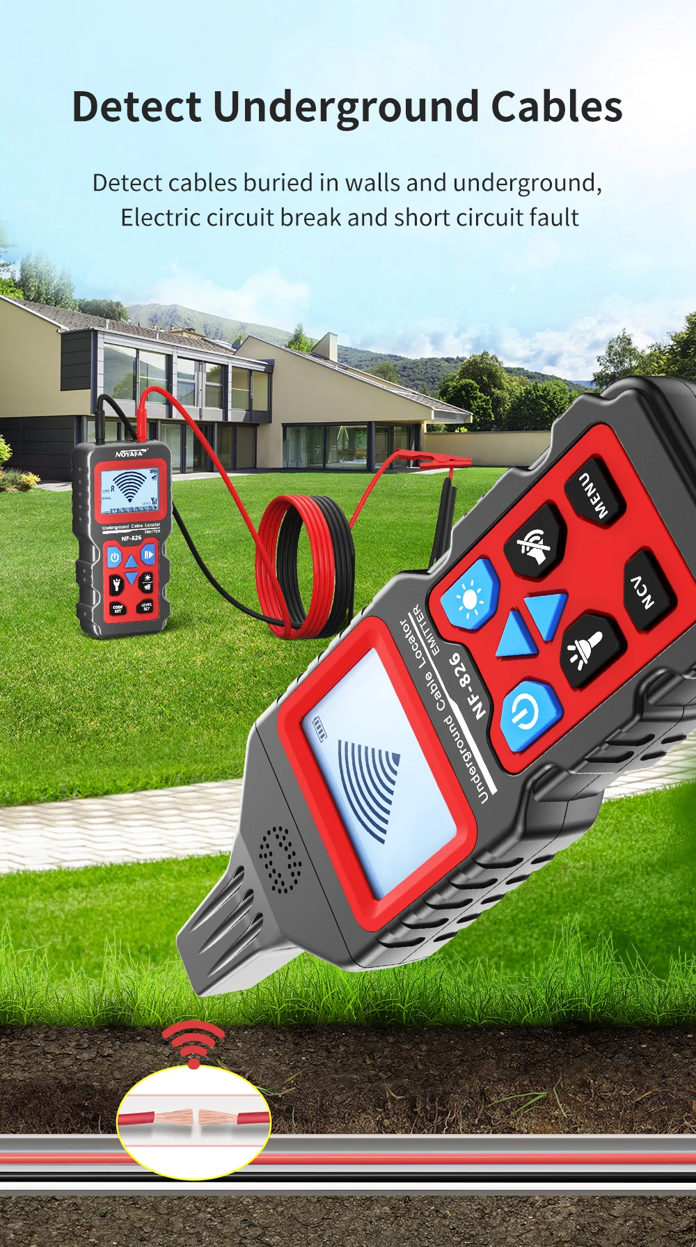 NOYAFA NF-826 Underground Cable Tester Wire Tracker LCD Display Cable Locator Detect Wall Electrical Lines Locator Cable Finder