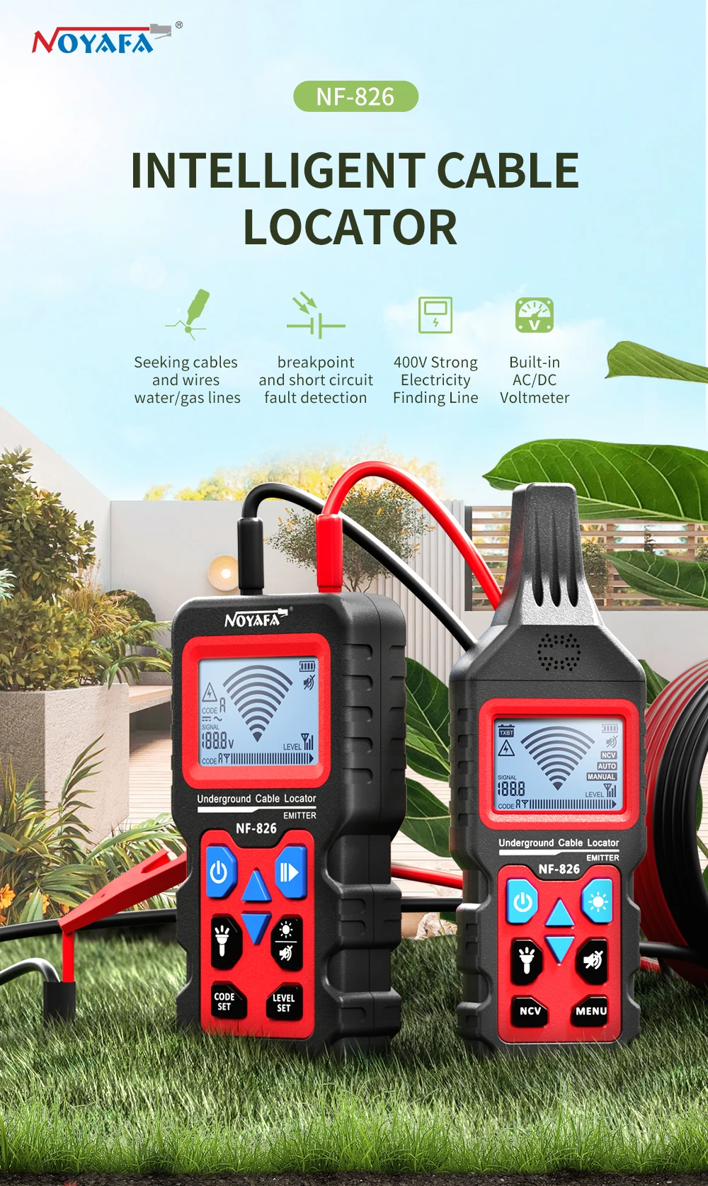 NOYAFA NF-826 Underground Cable Tester Wire Tracker LCD Display Cable Locator Detect Wall Electrical Lines Locator Cable Finder