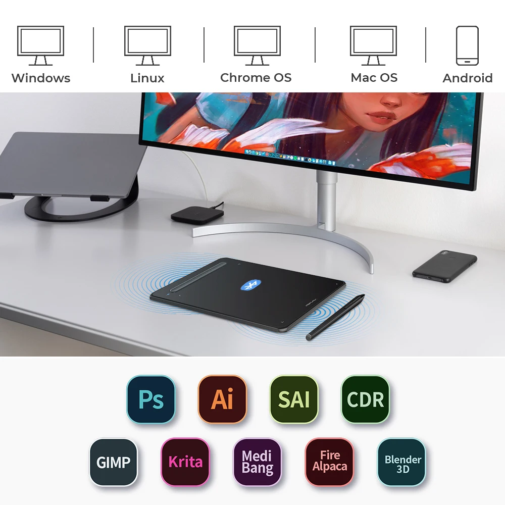 XPPen Deco MW Wireless Digital Drawing Tablets 8*5 inch Graphics Tablet Bluetooth 5.0 Support 60 Tilt Windows Mac Android