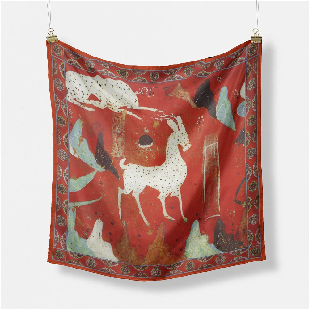 Twill Silk Scarf Woman Deer Painting Square Scarves Wraps Bandana Small Hijab Silk Foulards Tie Headband Neckerchief 53CM