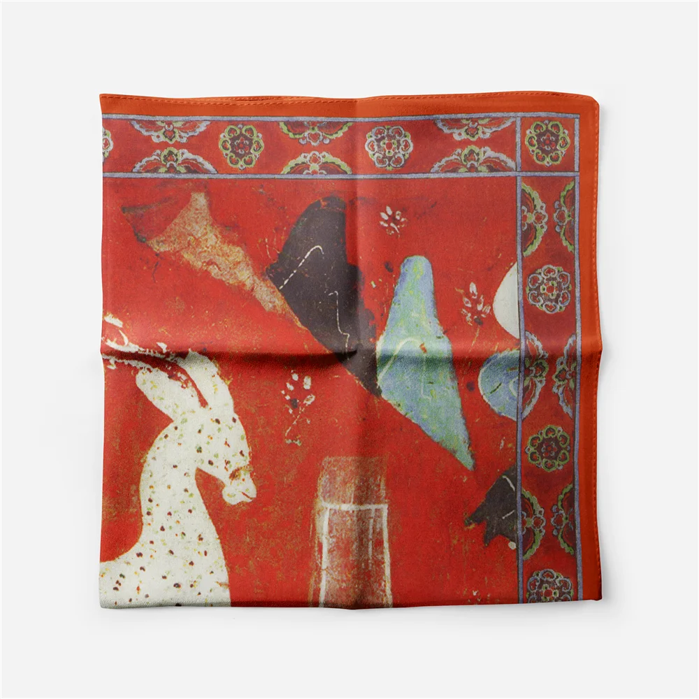 Twill Silk Scarf Woman Deer Painting Square Scarves Wraps Bandana Small Hijab Silk Foulards Tie Headband Neckerchief 53CM
