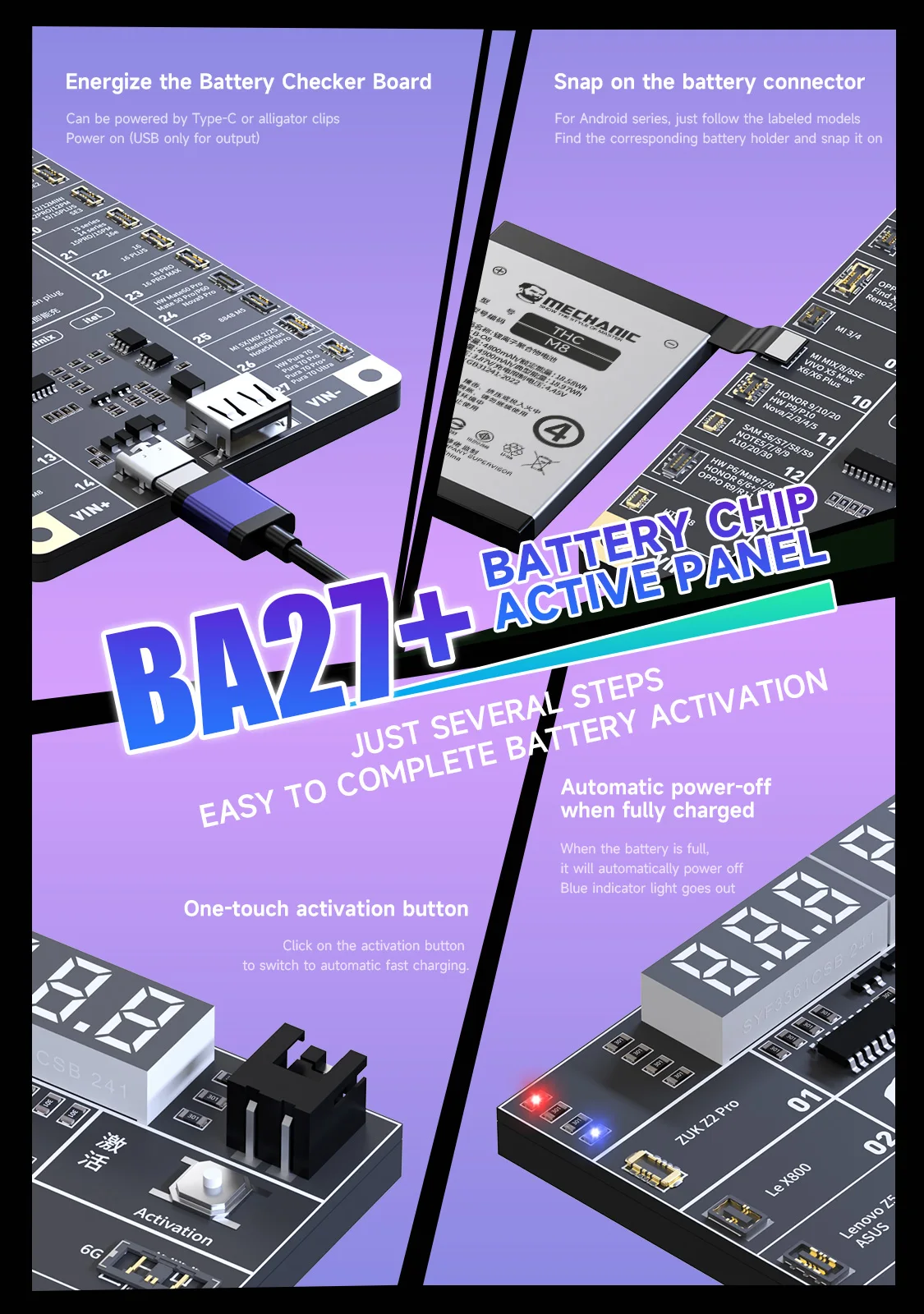 MECHANIC BA27 Battery Activation Detection Board Battery Fast Charge For Xiaomi iPhone 6-16 Pro Max Android One-click Activation