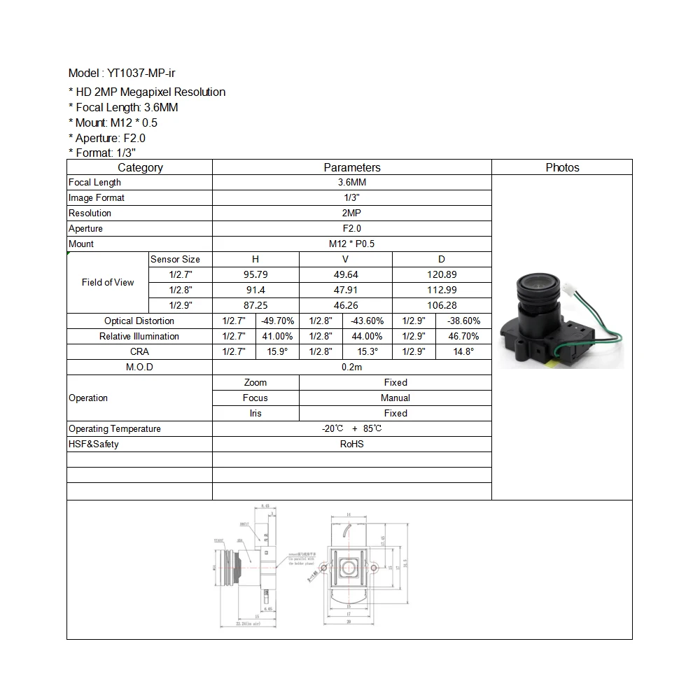 Witrue Cctv Lens 3.6mm 2 Mega Pixel M12 Mount 1/3" Formate F2.0 Aperture 90 Degree with IR Cut for Security Cameras