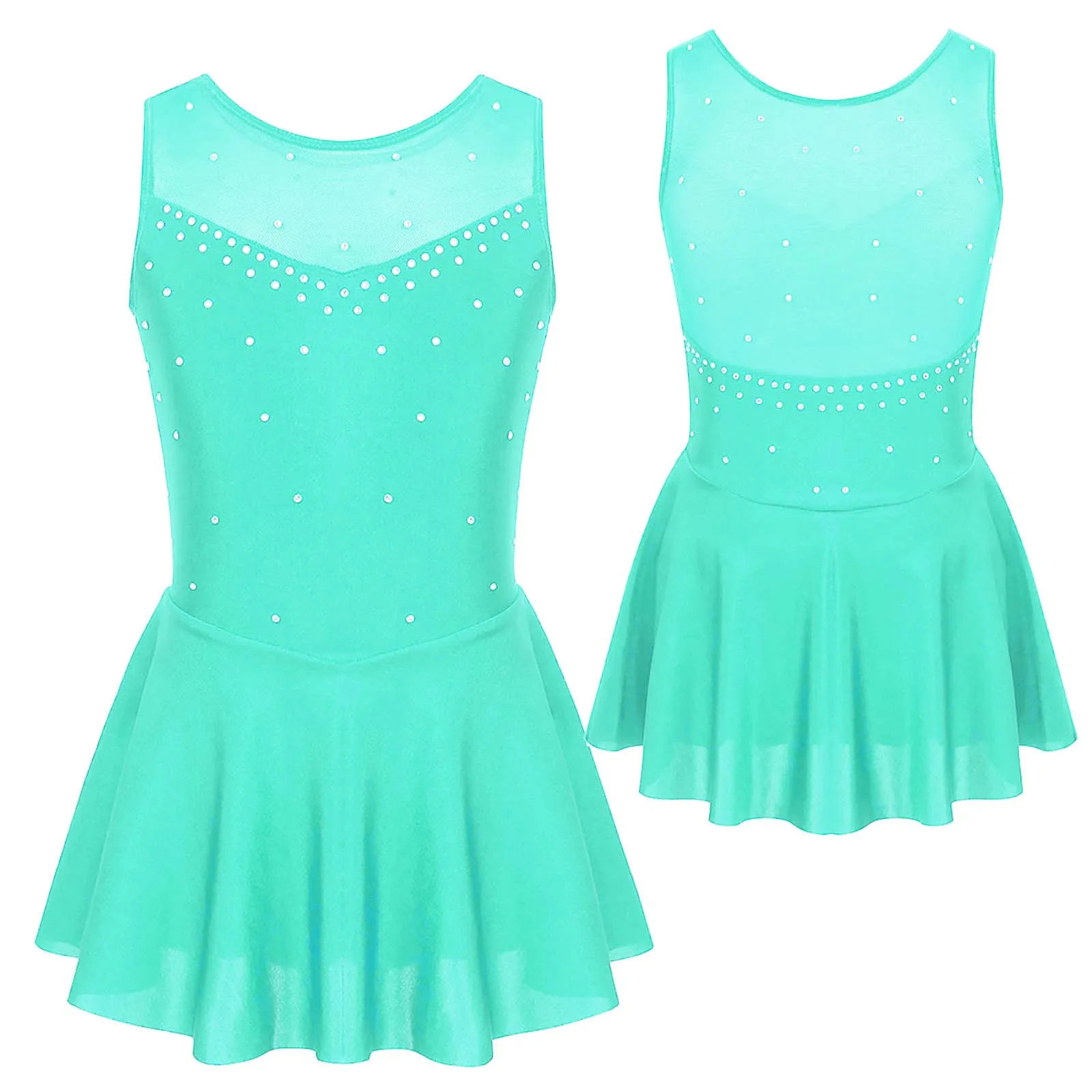 Kids Girls Mesh Splice Rhinestone Figure Ice Skating Dress Ballet Dance Stage Performance Dance Costumes