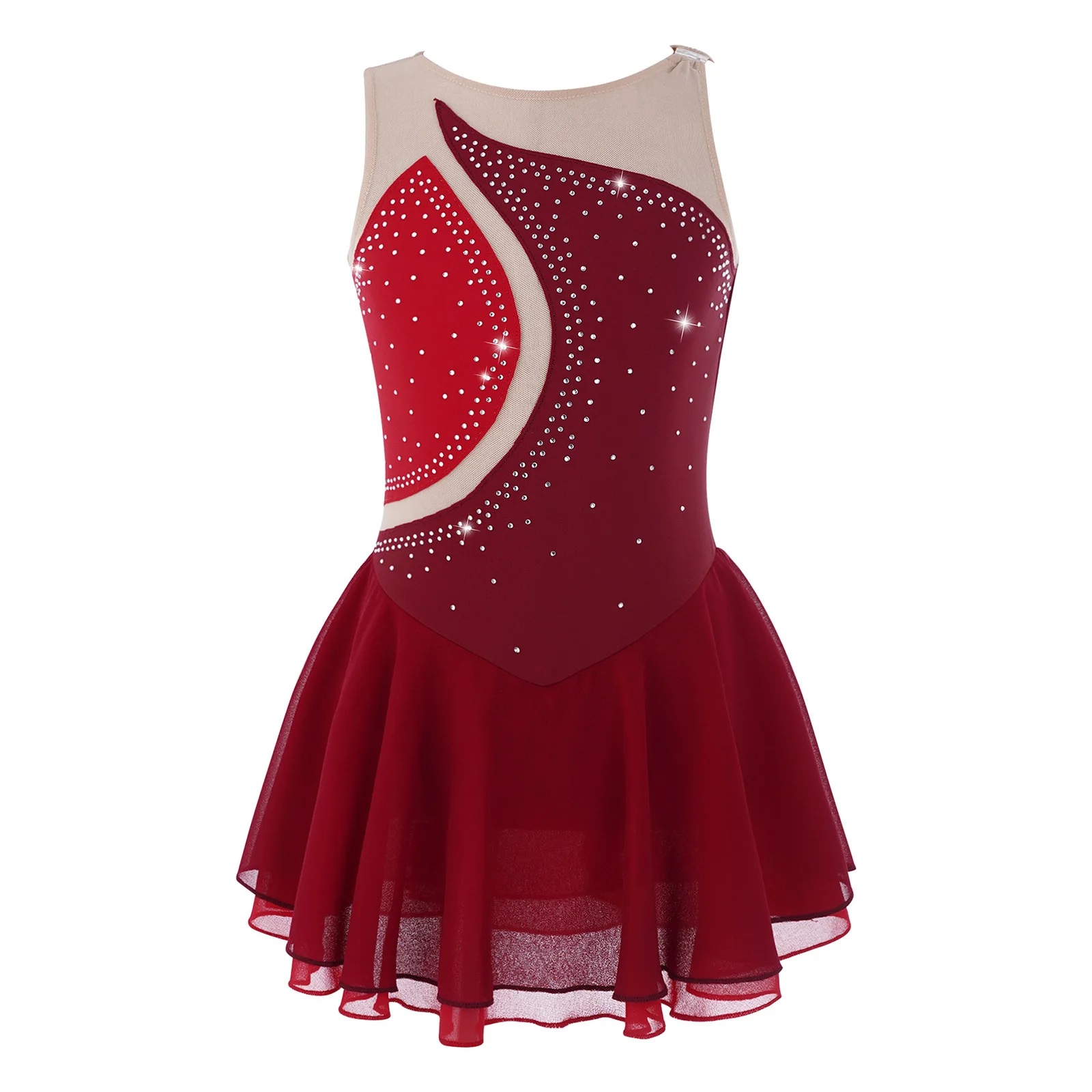 Kids Girls Mesh Splice Rhinestone Figure Ice Skating Dress Ballet Dance Stage Performance Dance Costumes