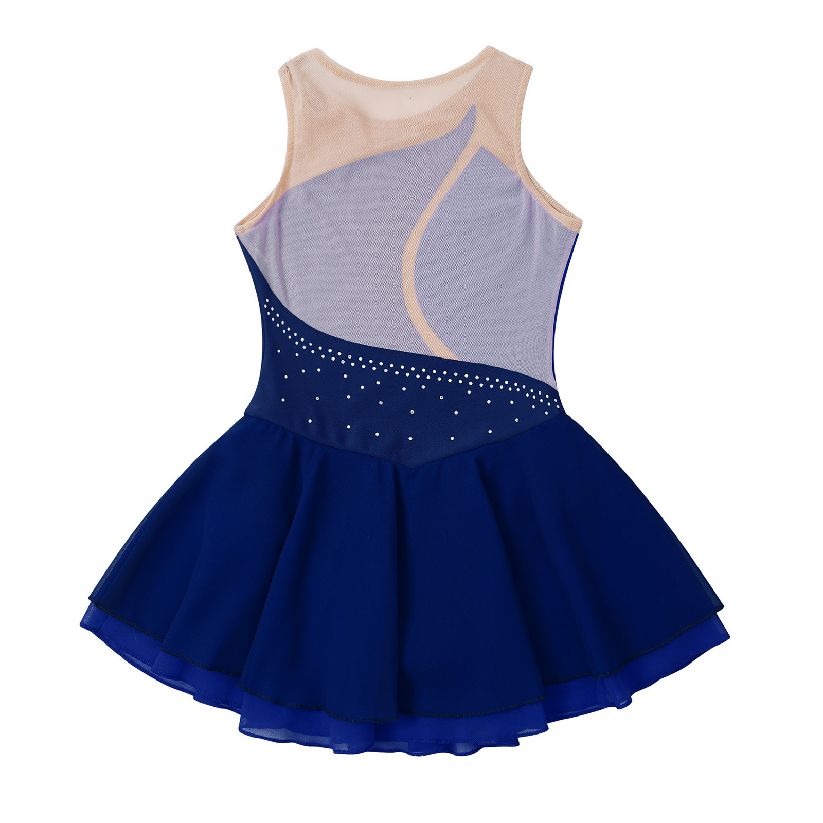 Kids Girls Mesh Splice Rhinestone Figure Ice Skating Dress Ballet Dance Stage Performance Dance Costumes