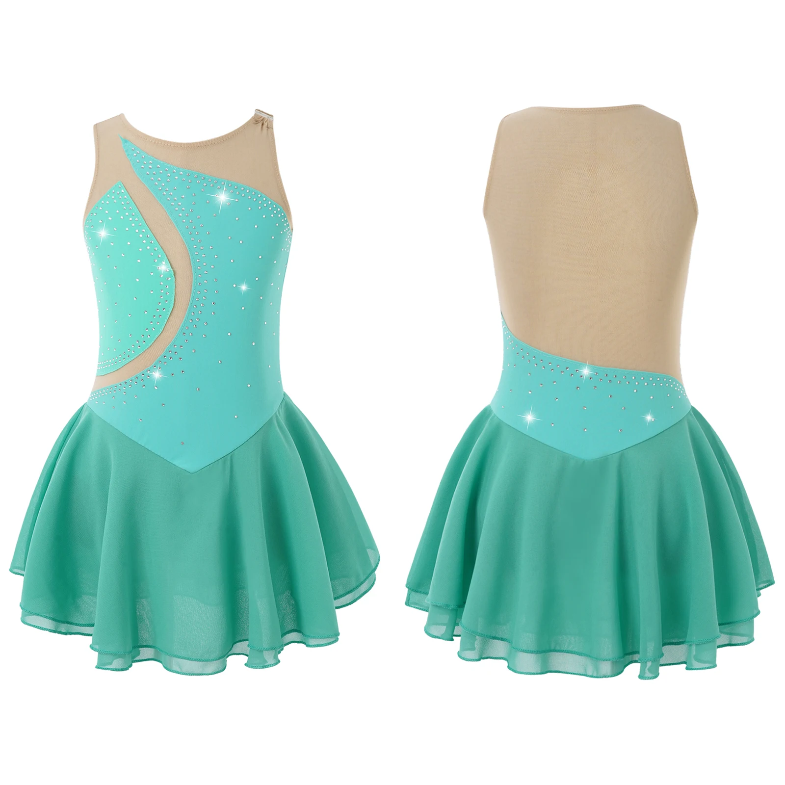 Kids Girls Mesh Splice Rhinestone Figure Ice Skating Dress Ballet Dance Stage Performance Dance Costumes
