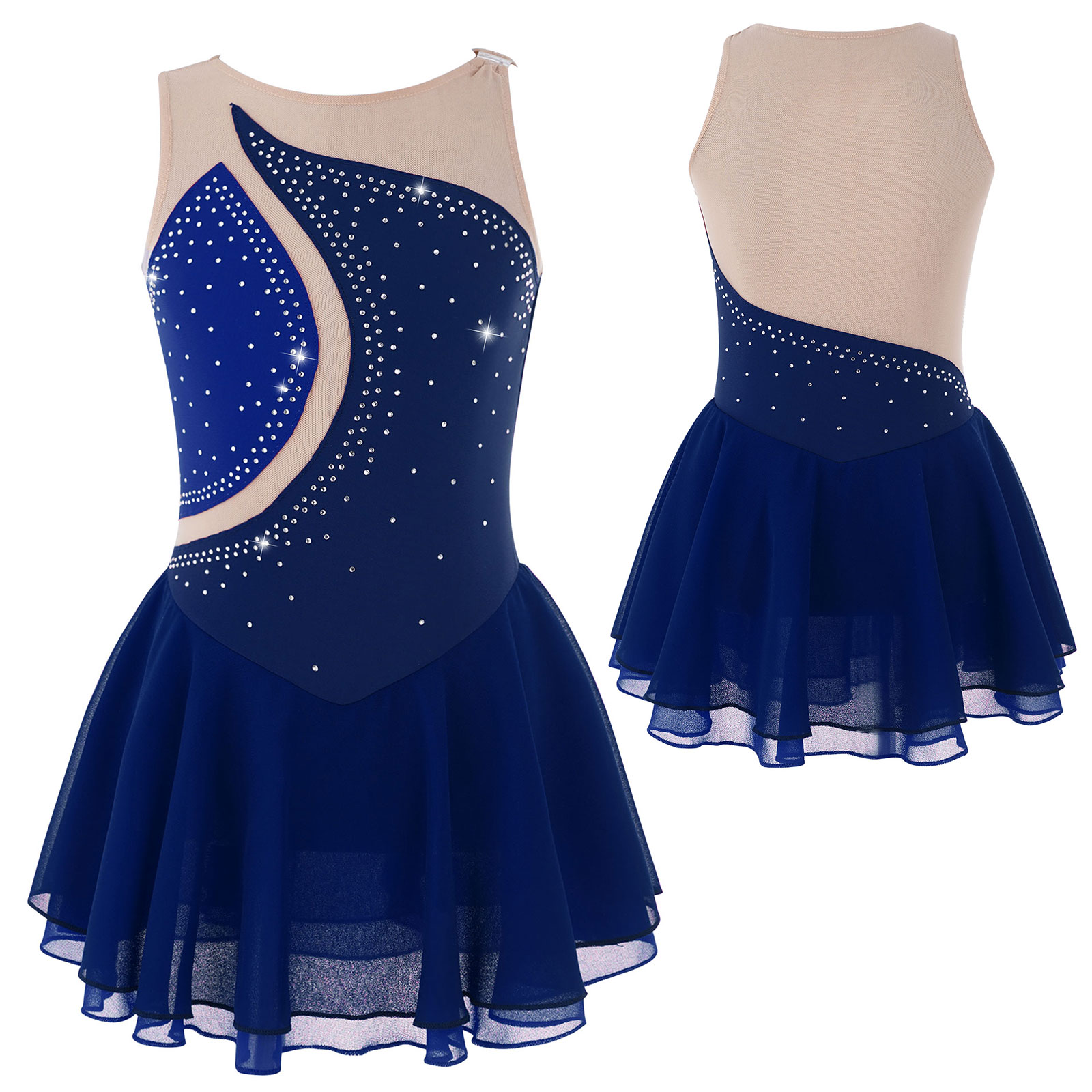Kids Girls Mesh Splice Rhinestone Figure Ice Skating Dress Ballet Dance Stage Performance Dance Costumes