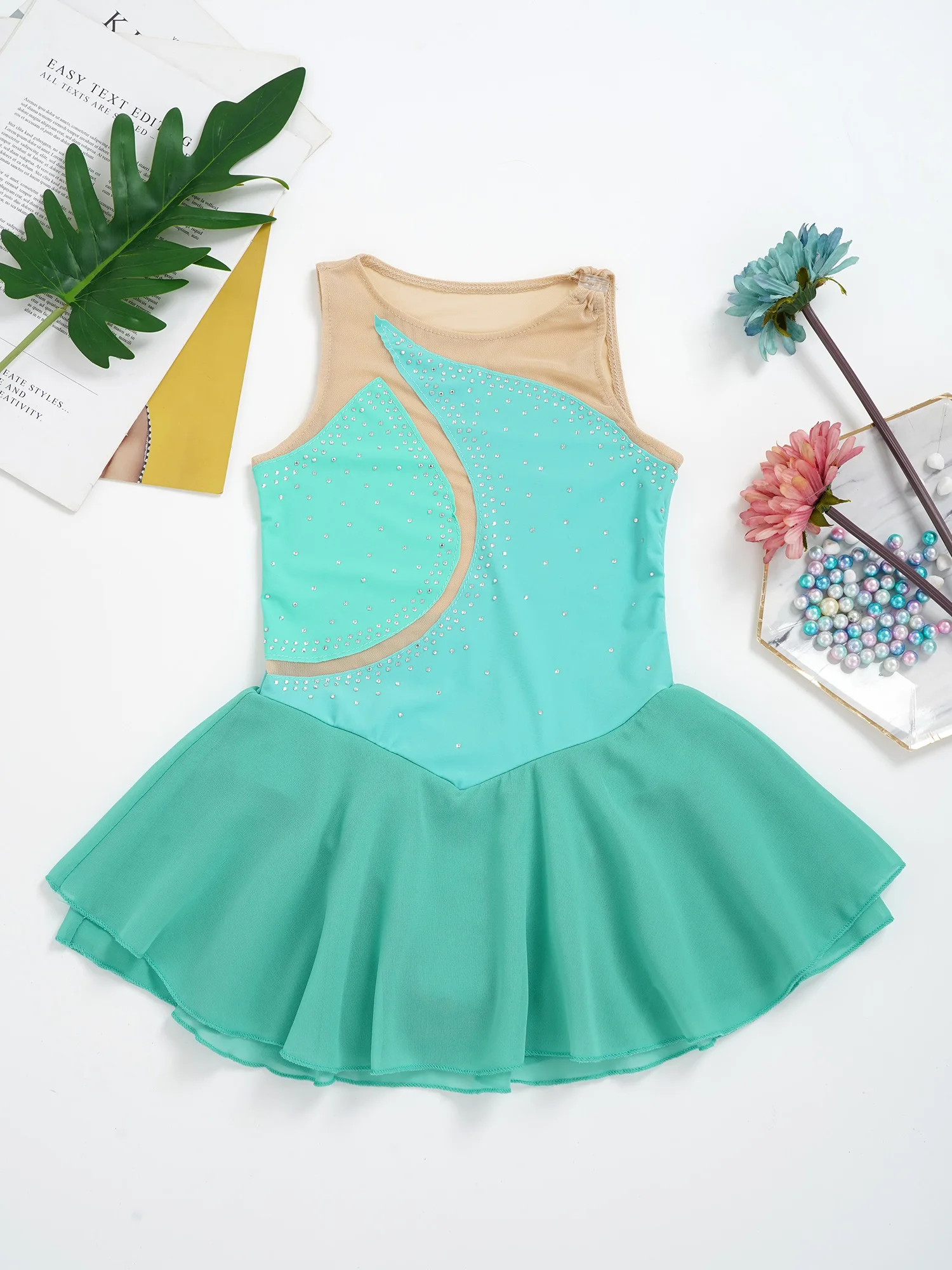 Kids Girls Mesh Splice Rhinestone Figure Ice Skating Dress Ballet Dance Stage Performance Dance Costumes