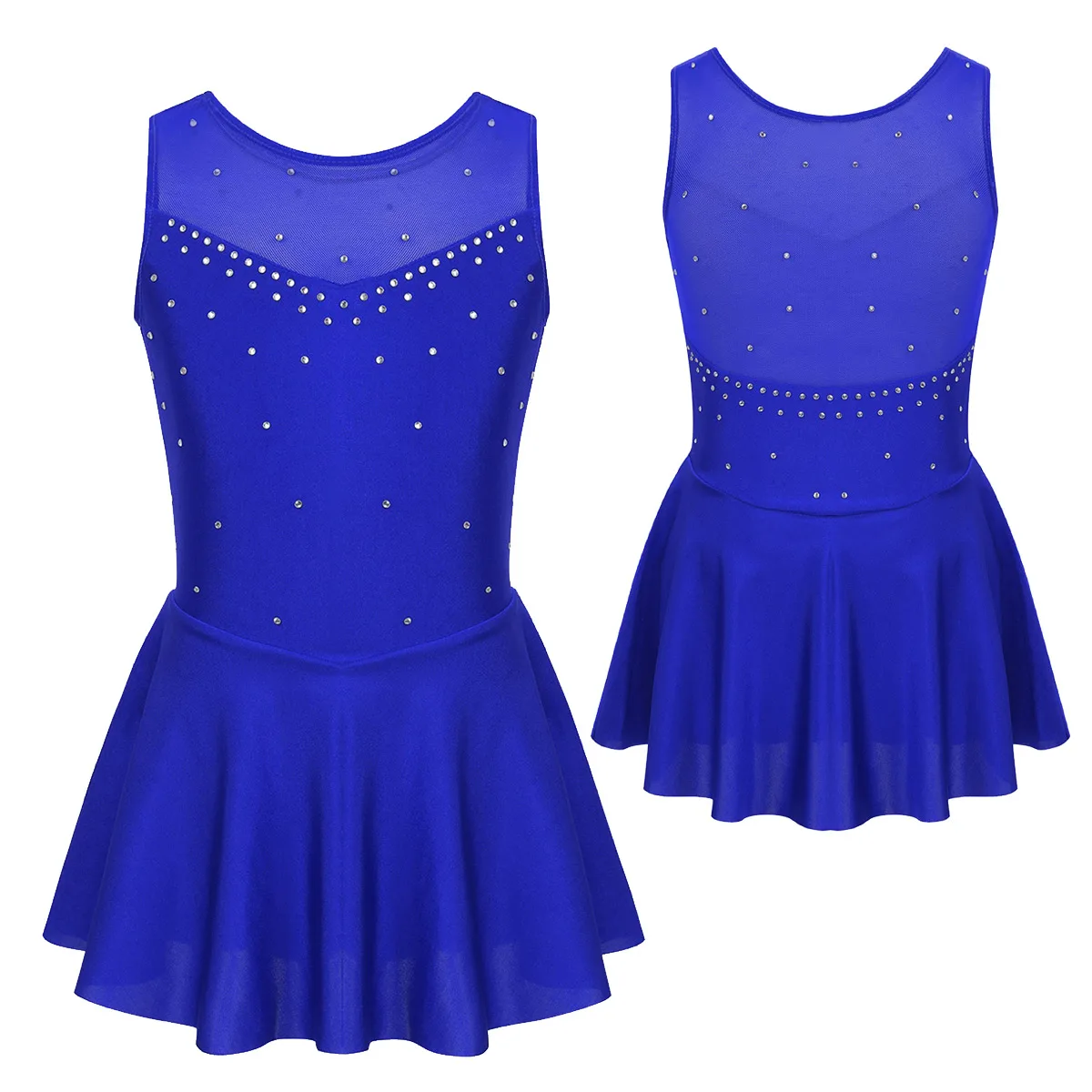 Kids Girls Mesh Splice Rhinestone Figure Ice Skating Dress Ballet Dance Stage Performance Dance Costumes