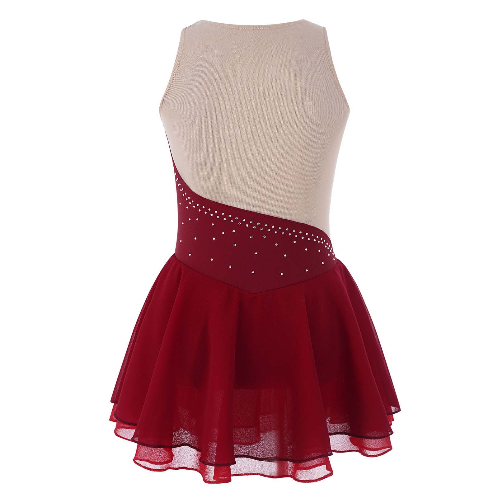 Kids Girls Mesh Splice Rhinestone Figure Ice Skating Dress Ballet Dance Stage Performance Dance Costumes