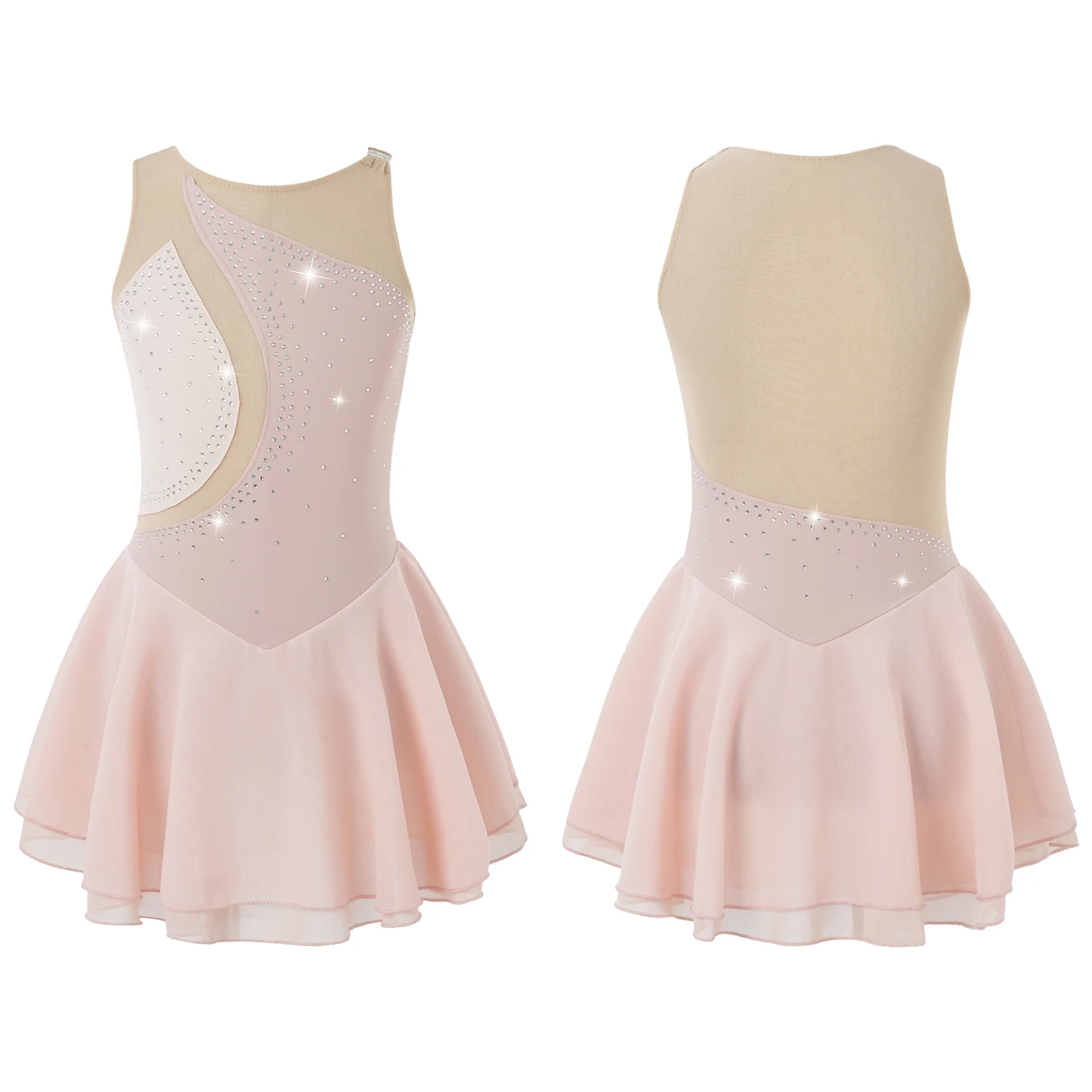Kids Girls Mesh Splice Rhinestone Figure Ice Skating Dress Ballet Dance Stage Performance Dance Costumes