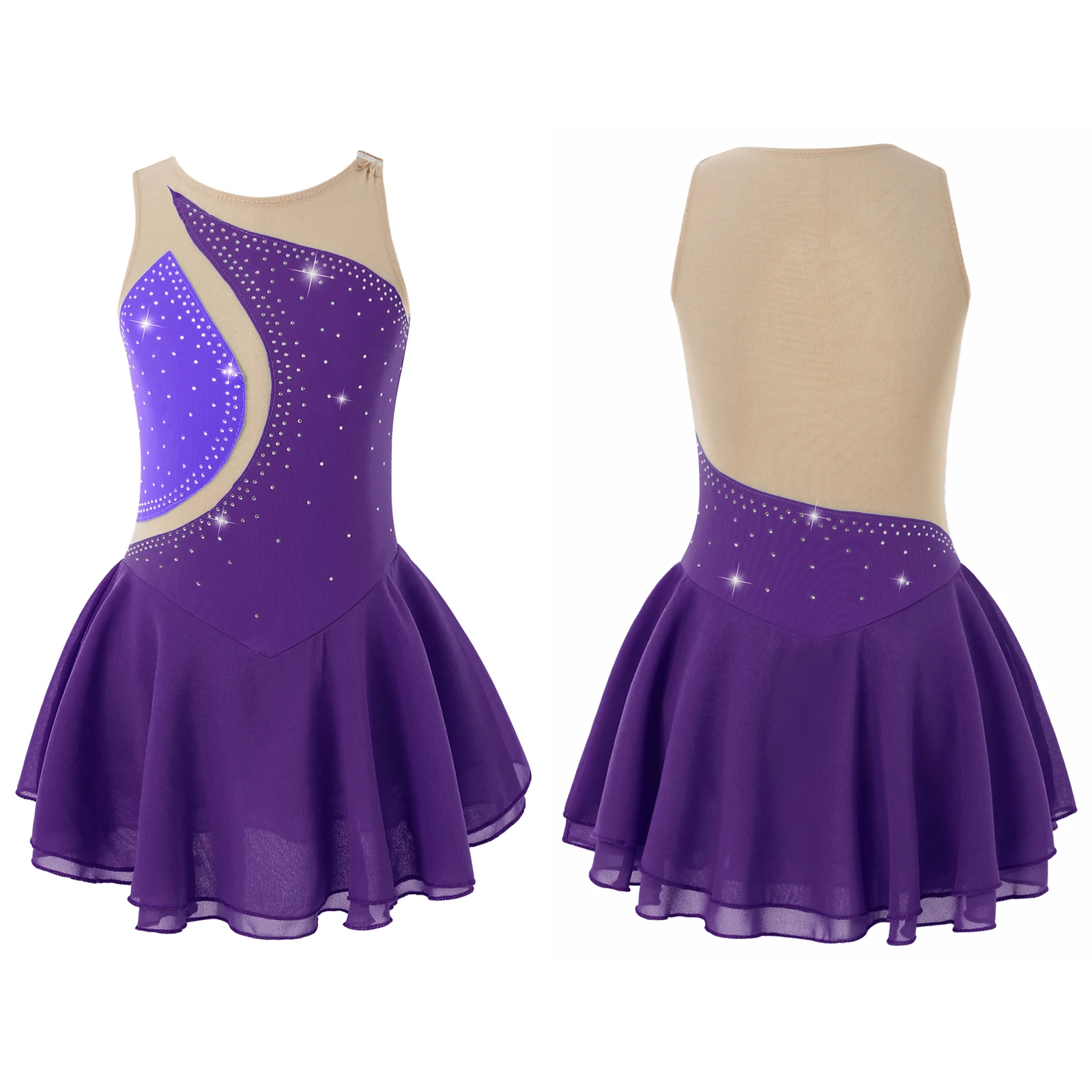Kids Girls Mesh Splice Rhinestone Figure Ice Skating Dress Ballet Dance Stage Performance Dance Costumes