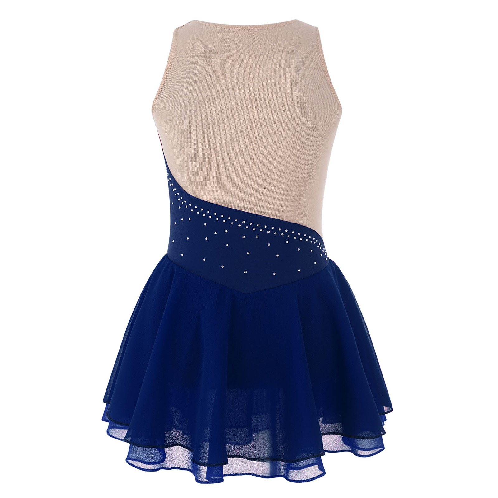 Kids Girls Mesh Splice Rhinestone Figure Ice Skating Dress Ballet Dance Stage Performance Dance Costumes